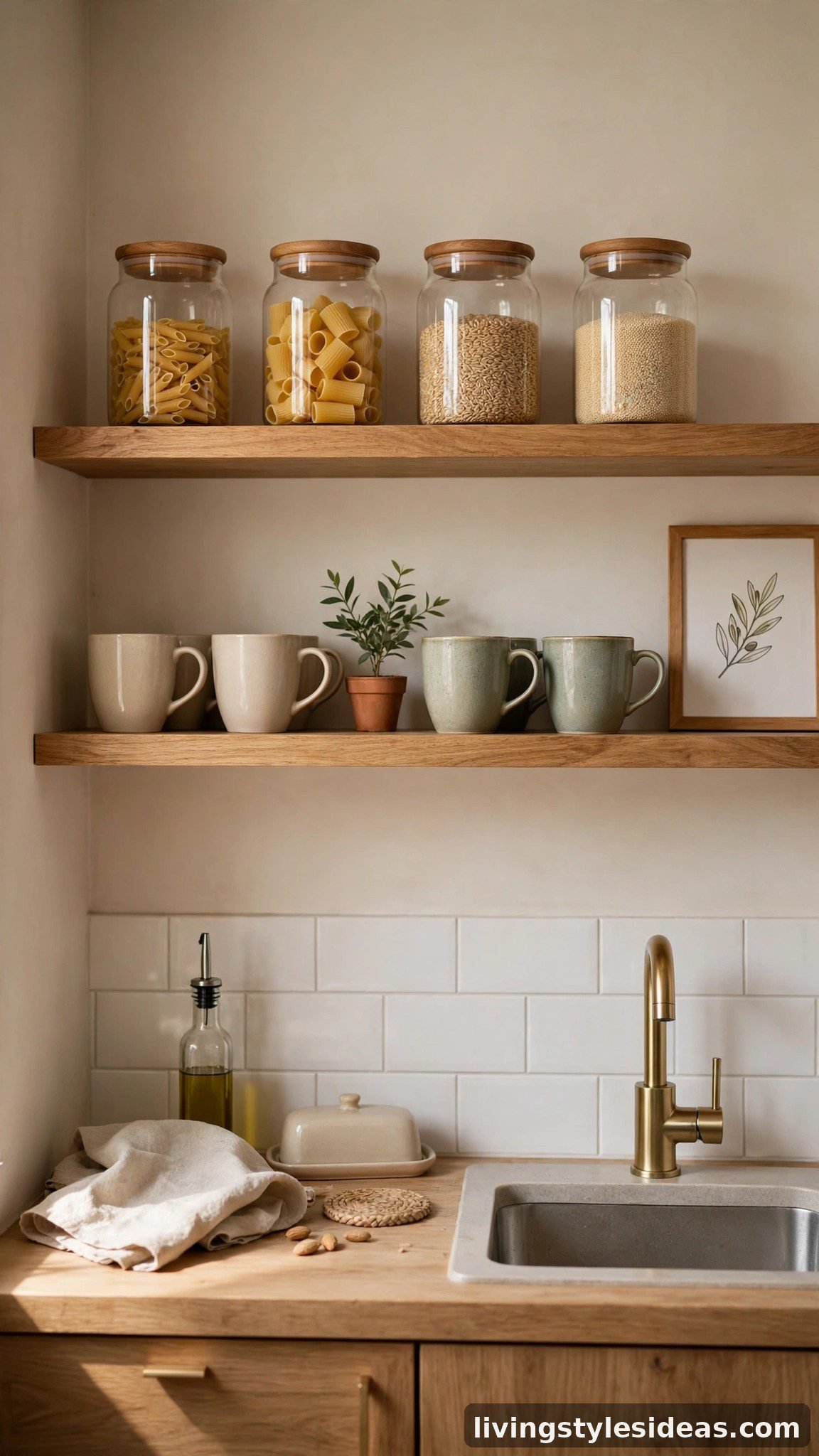 Studio apartment kitchen with styled open shelves holding jars, mugs and a small plant