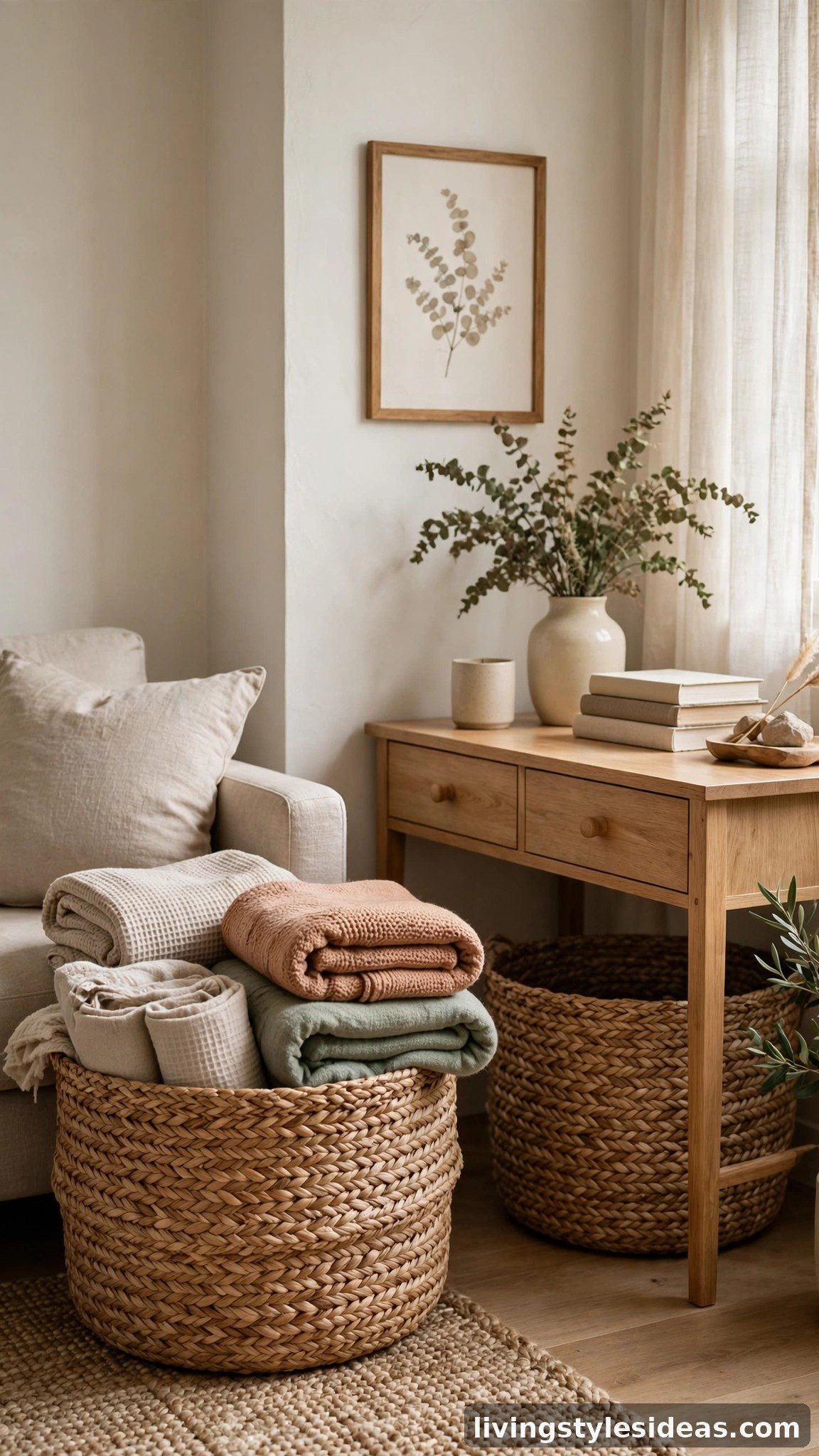 Studio apartment corner with woven storage baskets beside the sofa