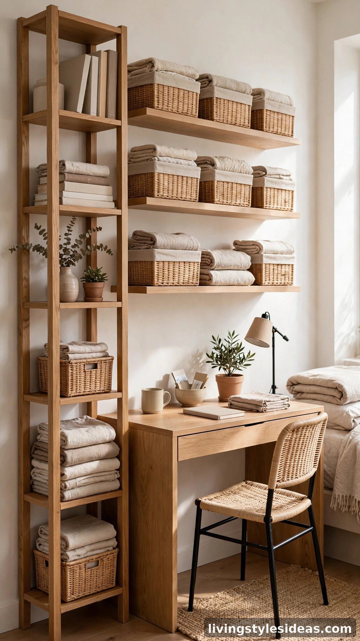 Small studio apartment using vertical wall storage with floating shelves and a tall bookcase
