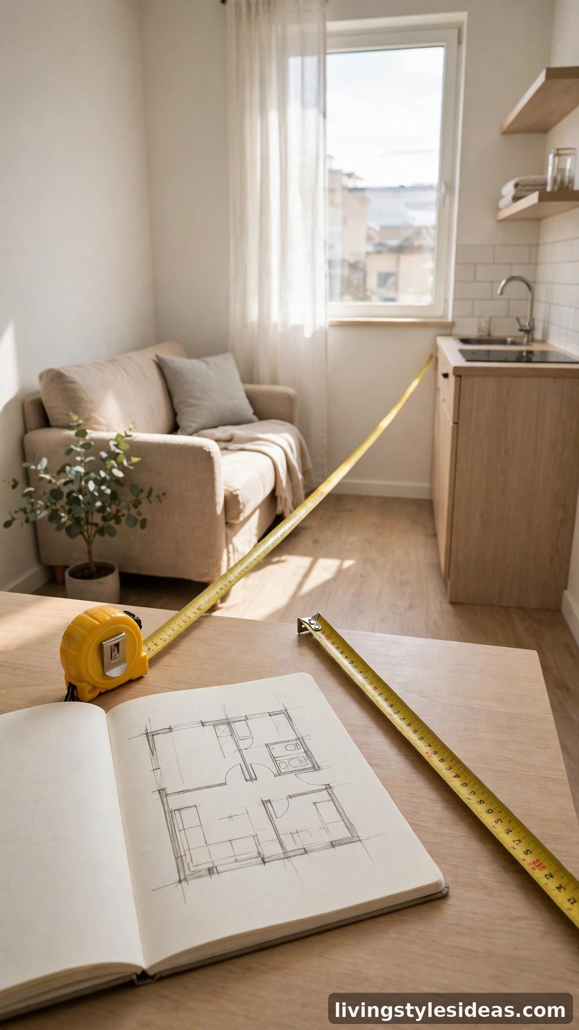 Designer measuring a small studio apartment with a tape measure and floor plan