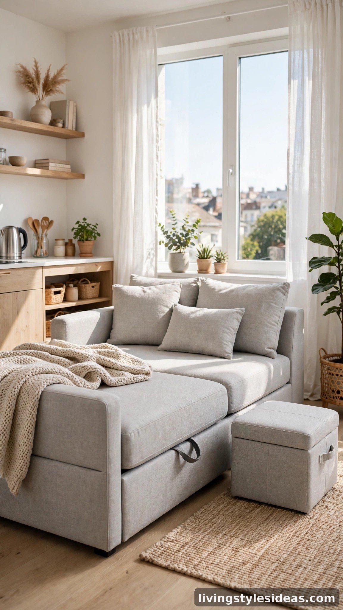 Multifunctional convertible sofa bed with storage ottoman in a studio apartment