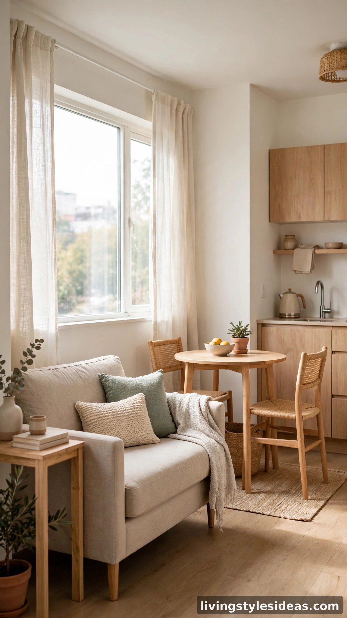 Apartment-size loveseat and petite dining set in a small studio apartment