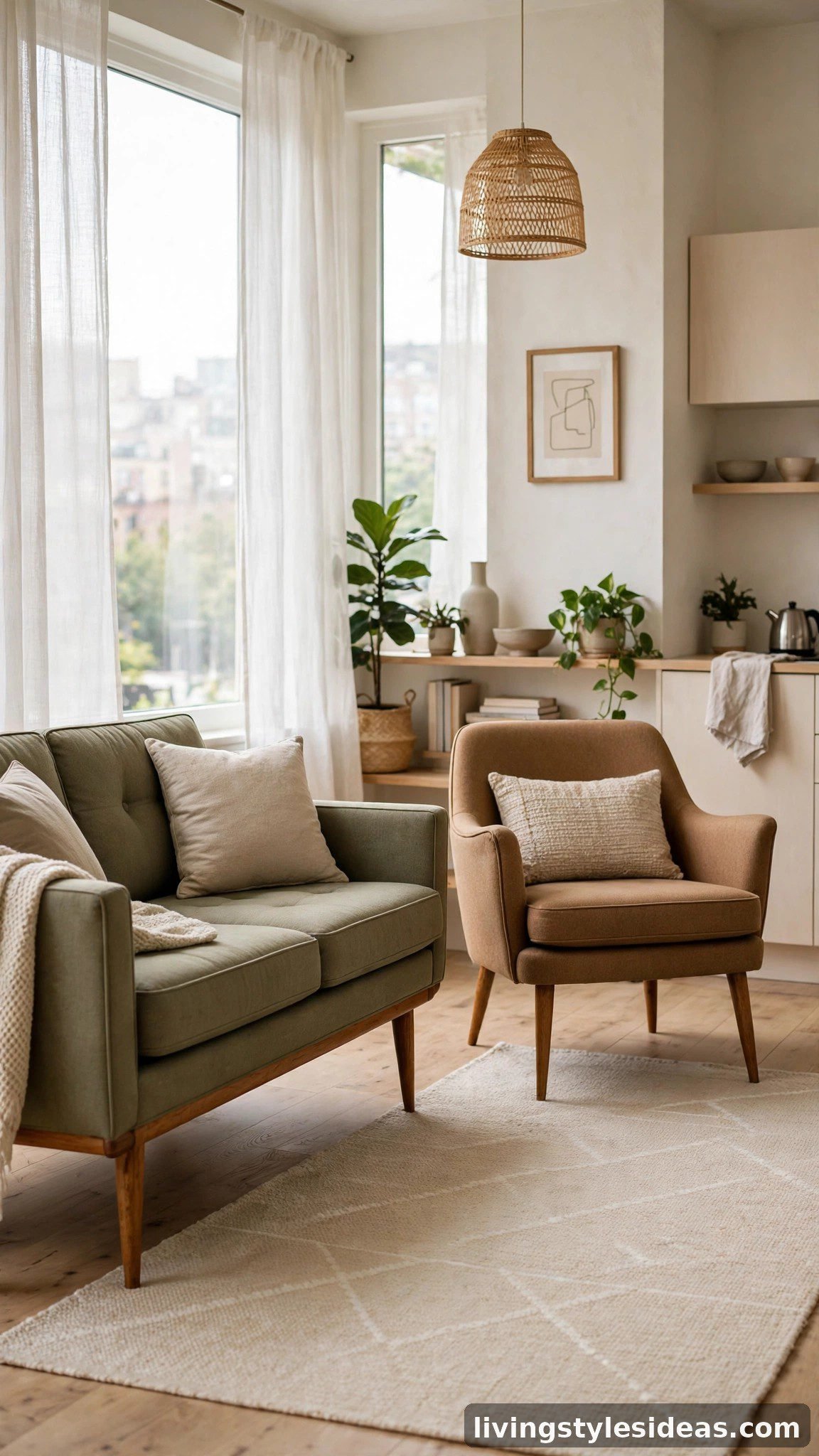 Mid-century sofa and armchair on tall legs in an airy studio apartment