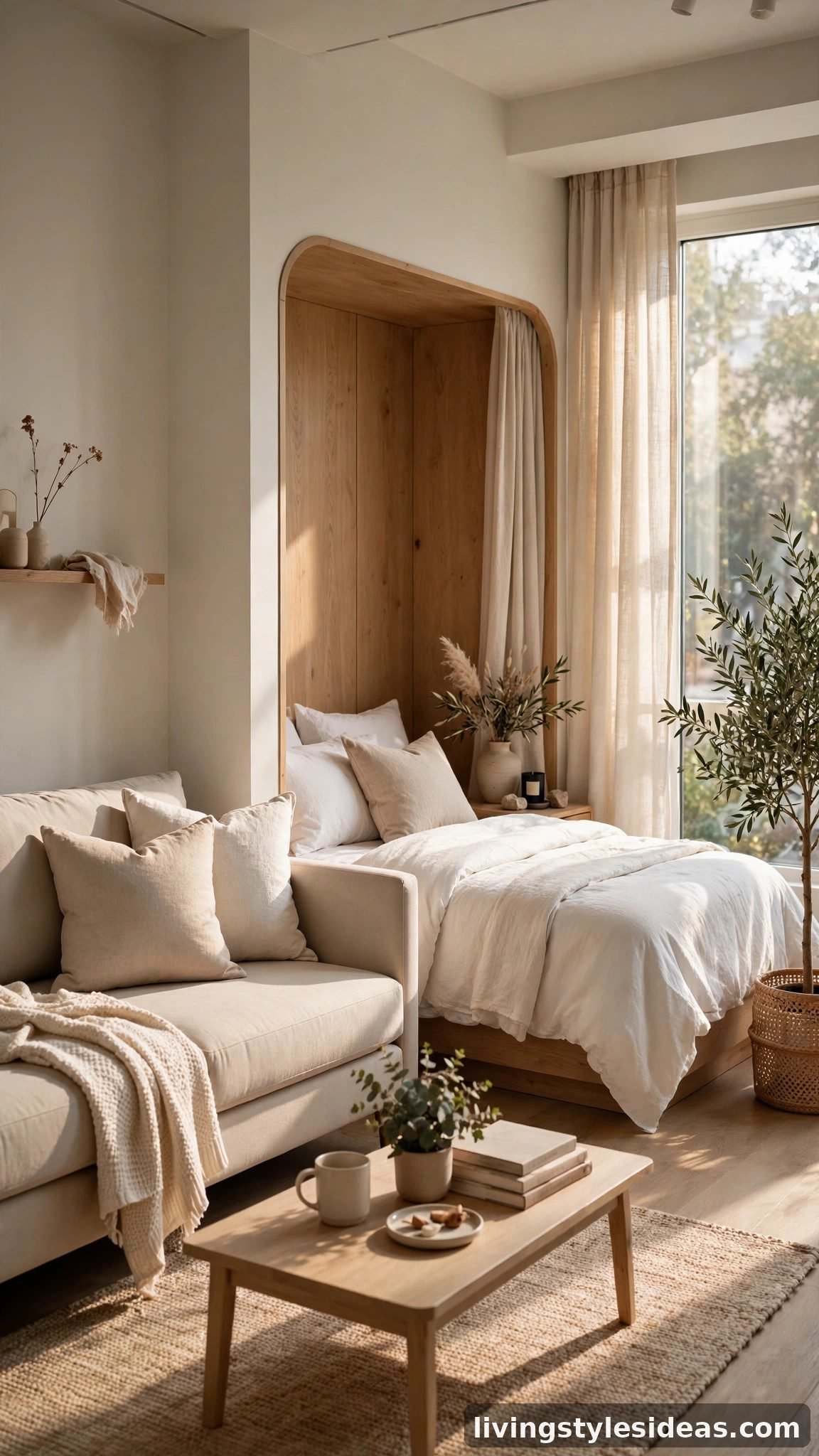 Beige sleeper sofa in a modern studio apartment sleeping nook