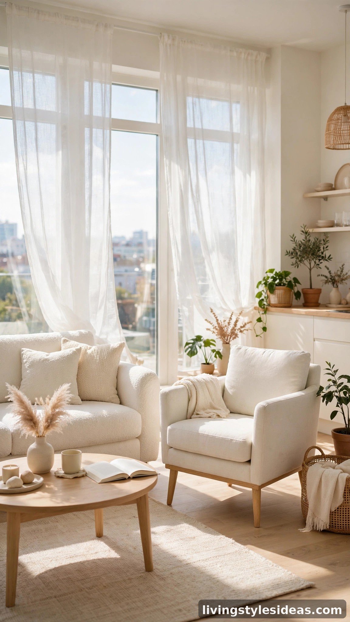 White boucle sofa and pale armchair in a bright studio apartment