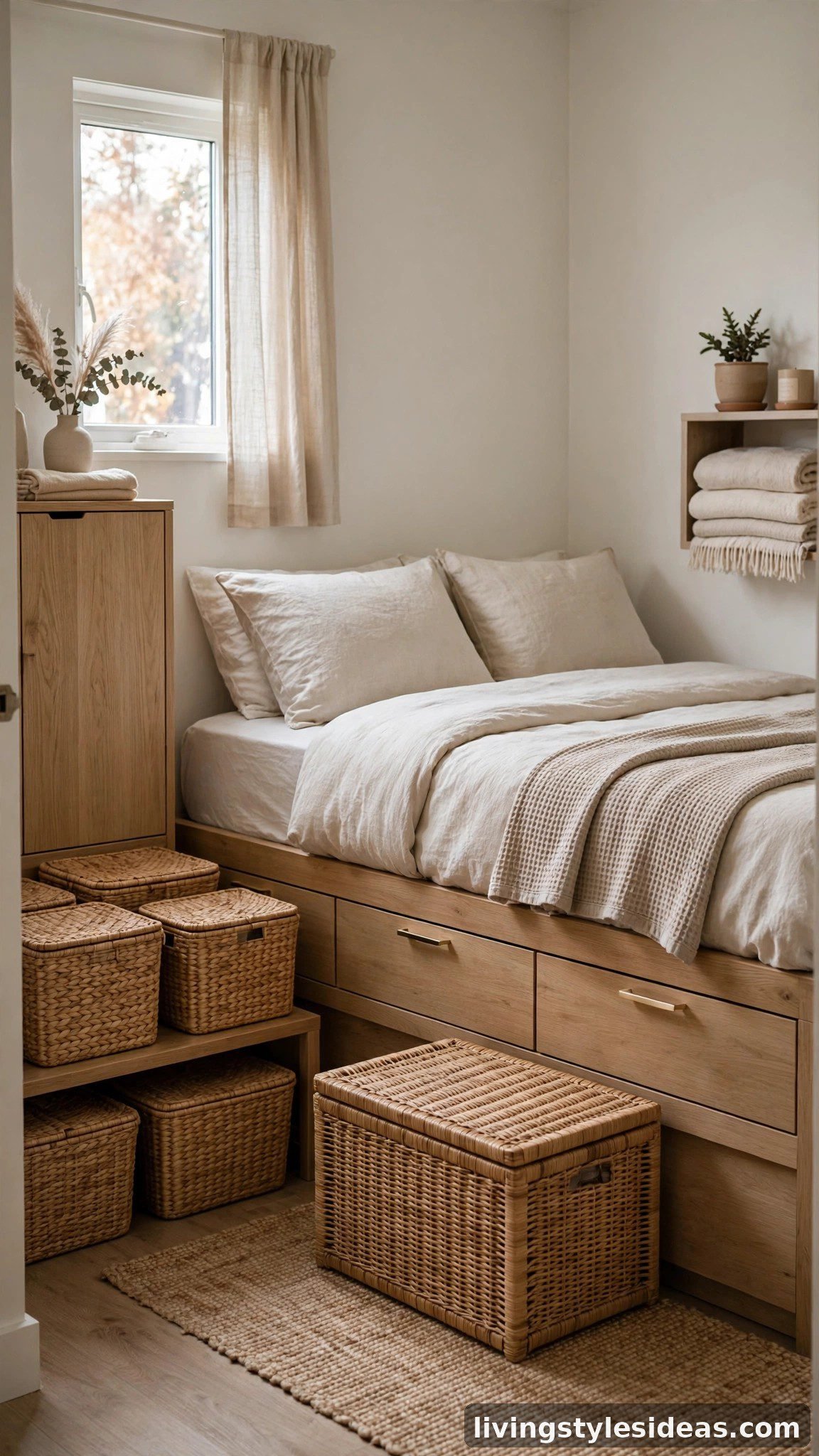 Platform bed with built-in drawers and storage ottoman in a studio apartment