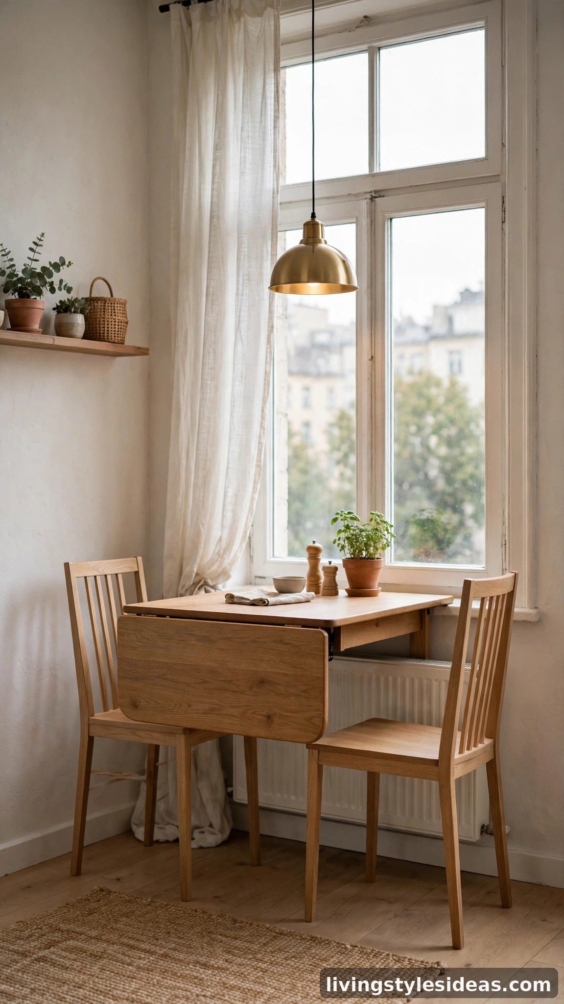 Drop-leaf folding dining table by a window in a studio apartment