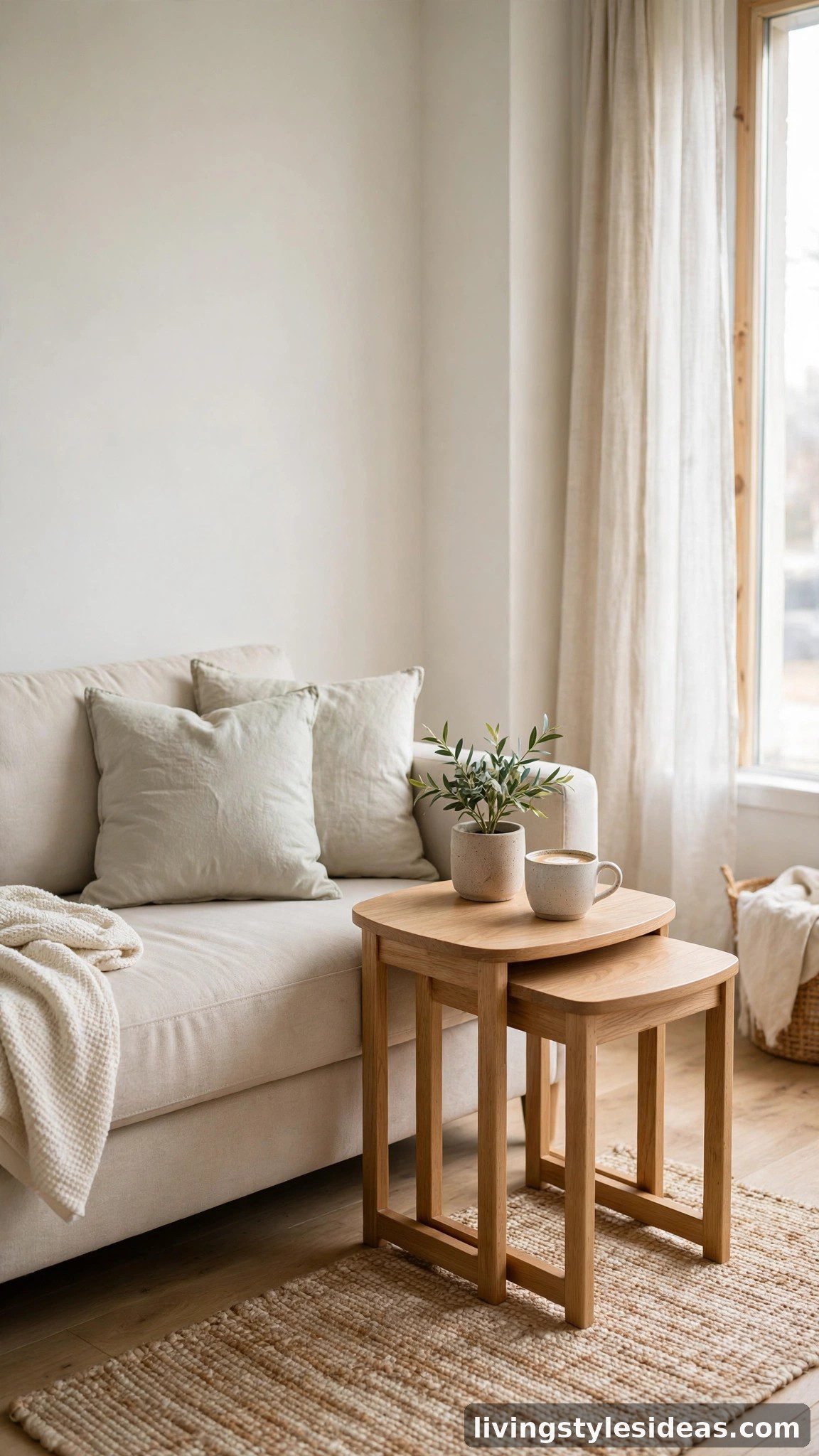 Nesting oak side tables beside a compact sofa in a studio apartment