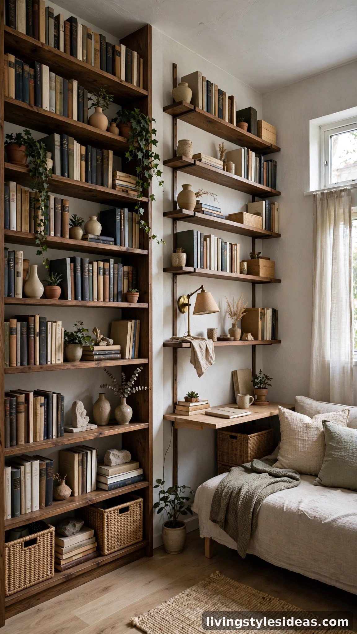 Floor-to-ceiling bookshelf and wall-mounted shelves in a studio apartment