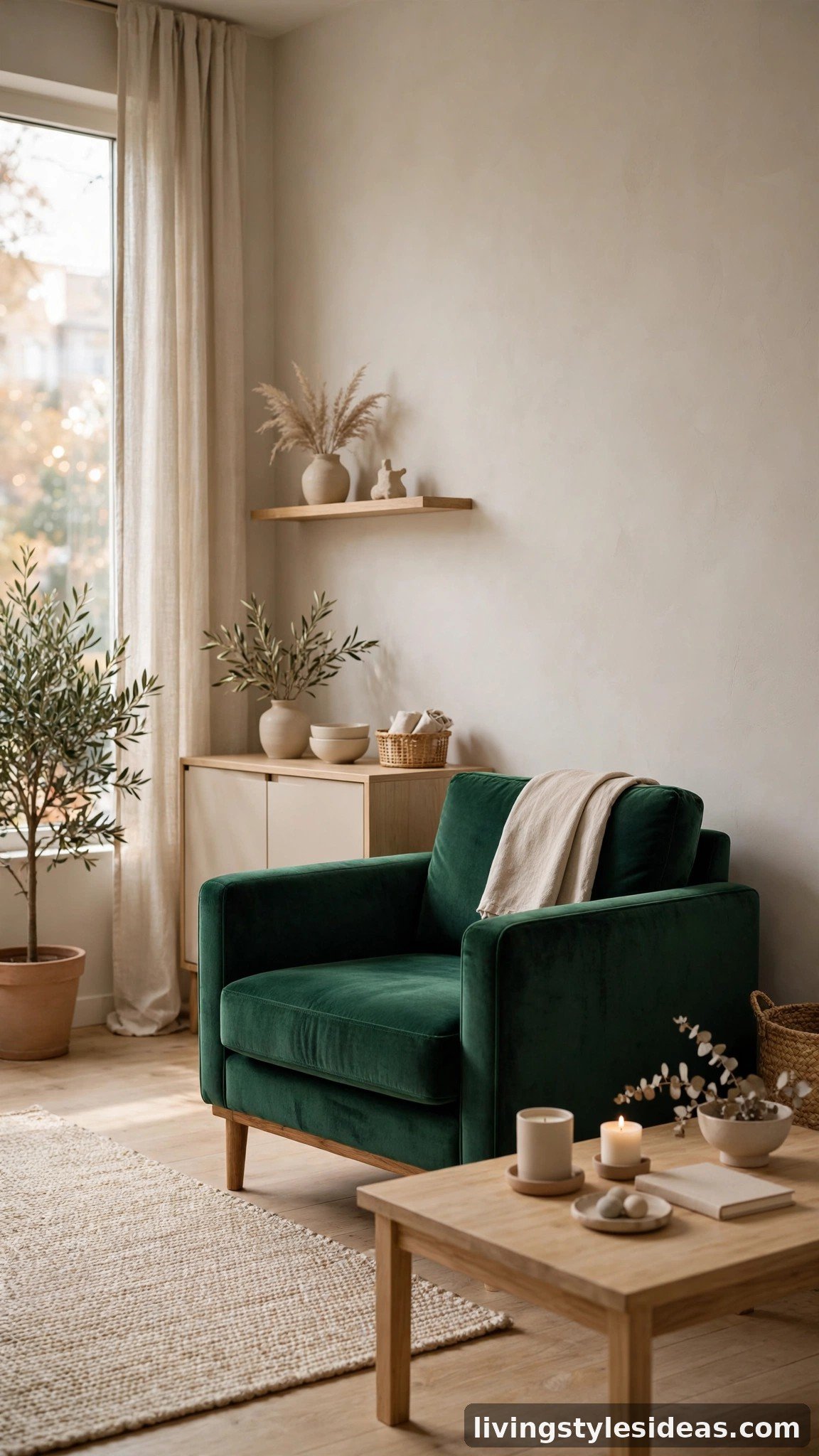 Emerald green velvet statement armchair in a neutral studio apartment