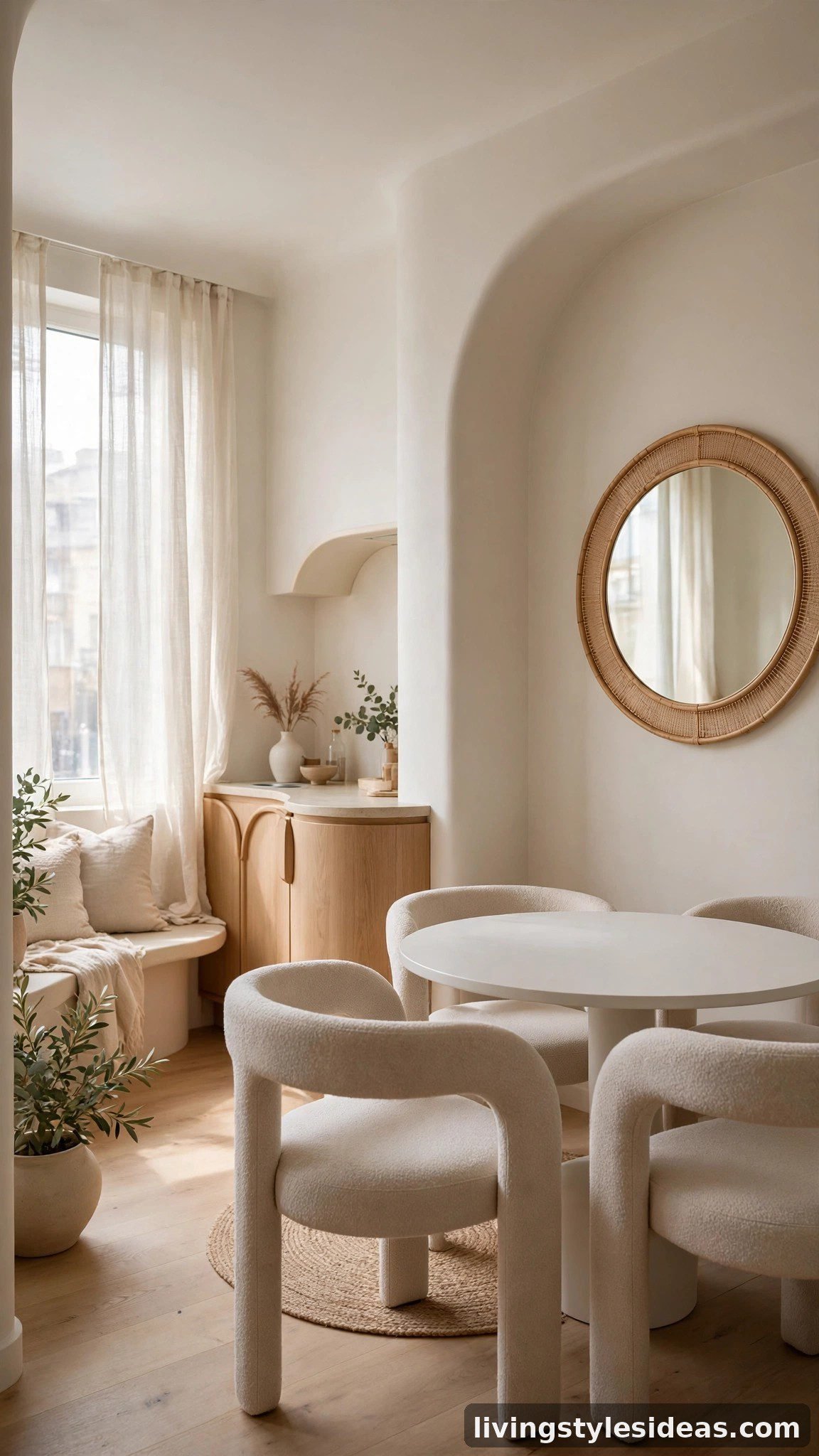Round white dining table and round mirror in a studio apartment