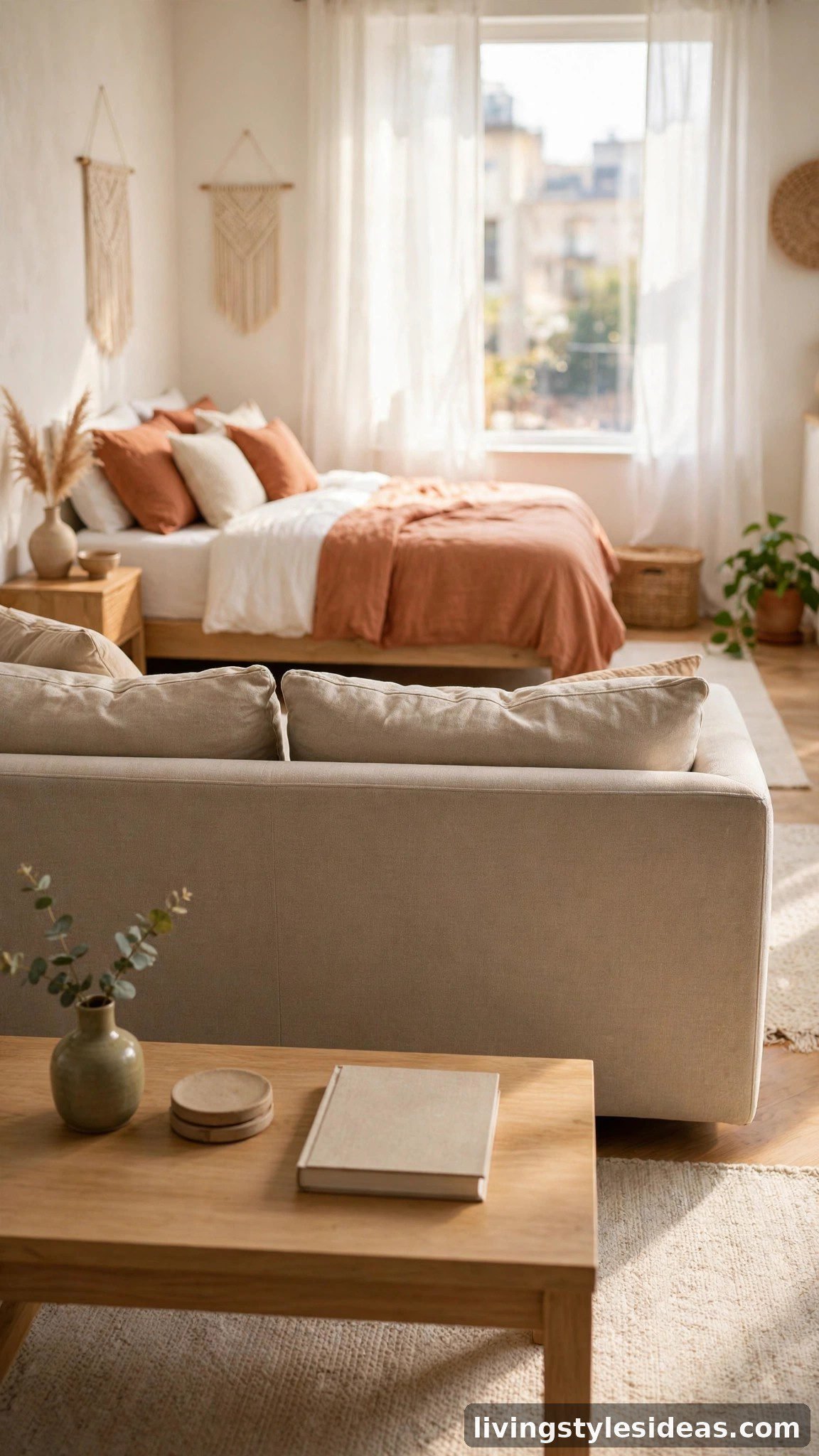 Sofa with its back to the camera dividing a small studio apartment into living and sleeping zones