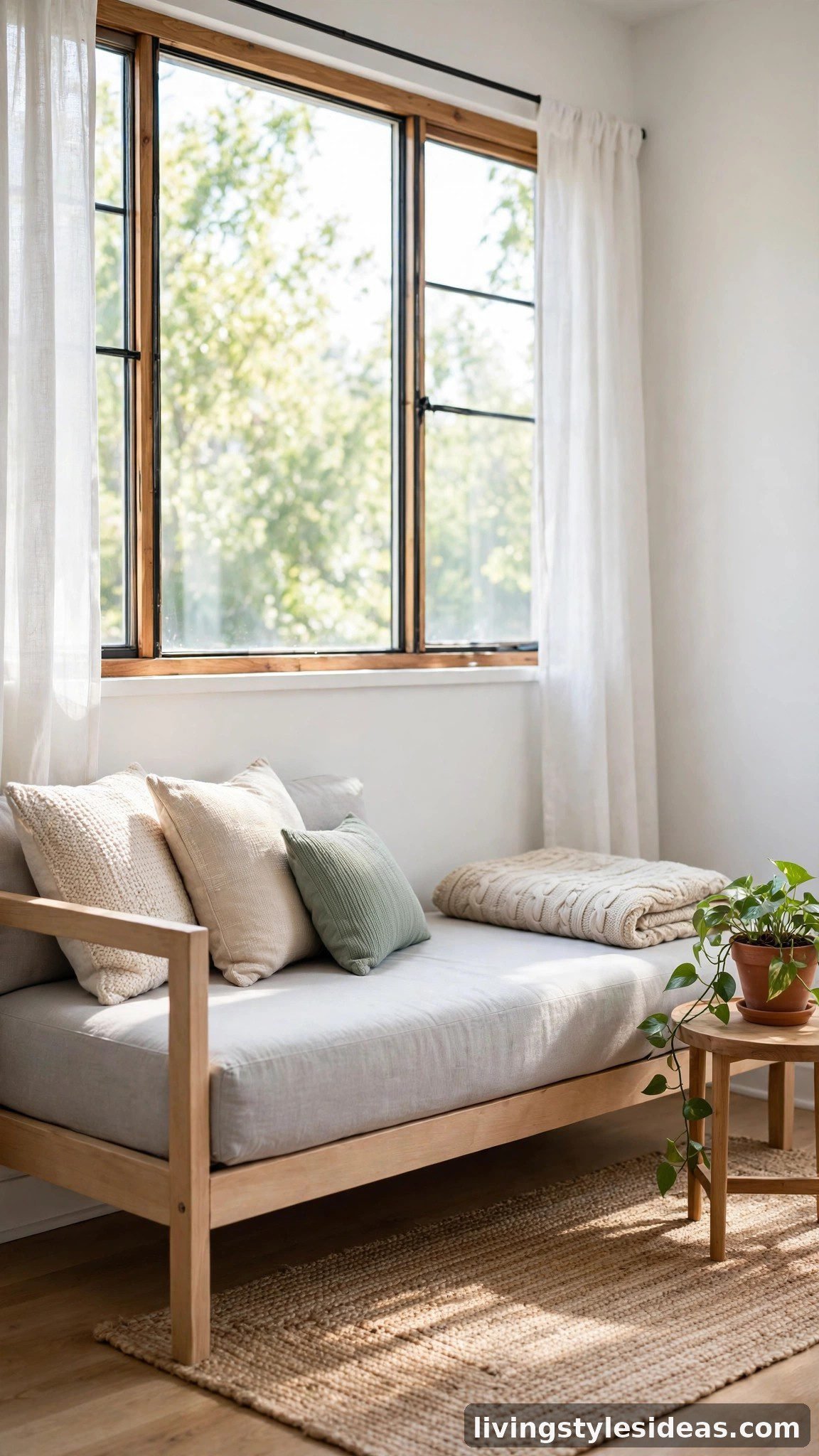 Daybed styled as a sofa with throw pillows under a window in a small studio