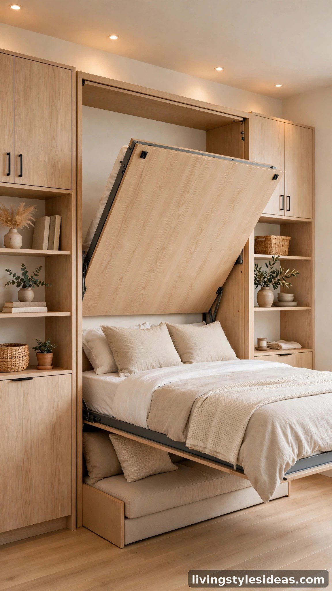 Murphy bed wall unit half-folded revealing bedding above a sofa section in a studio