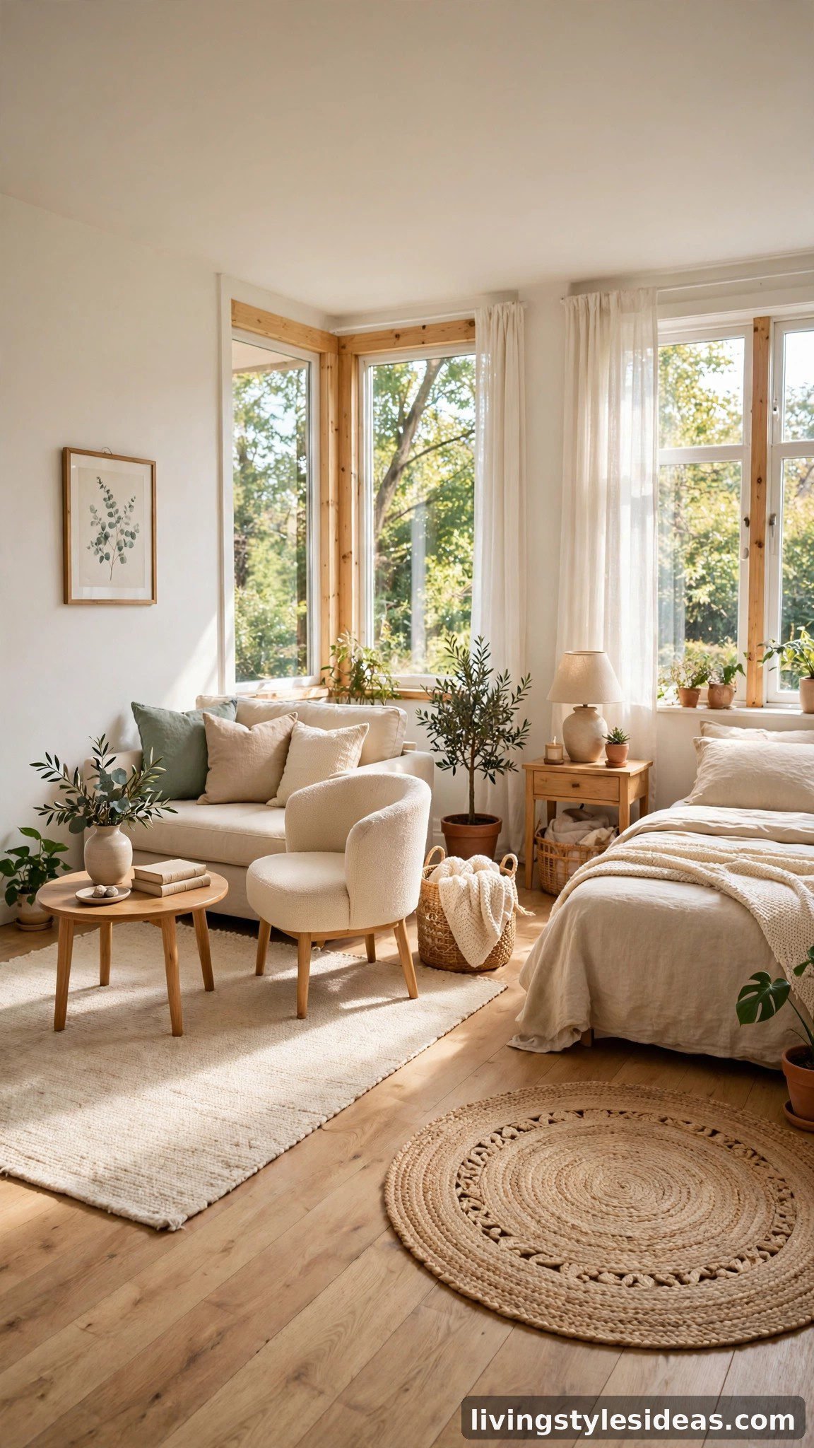 Two area rugs defining living and sleeping zones in an open studio apartment