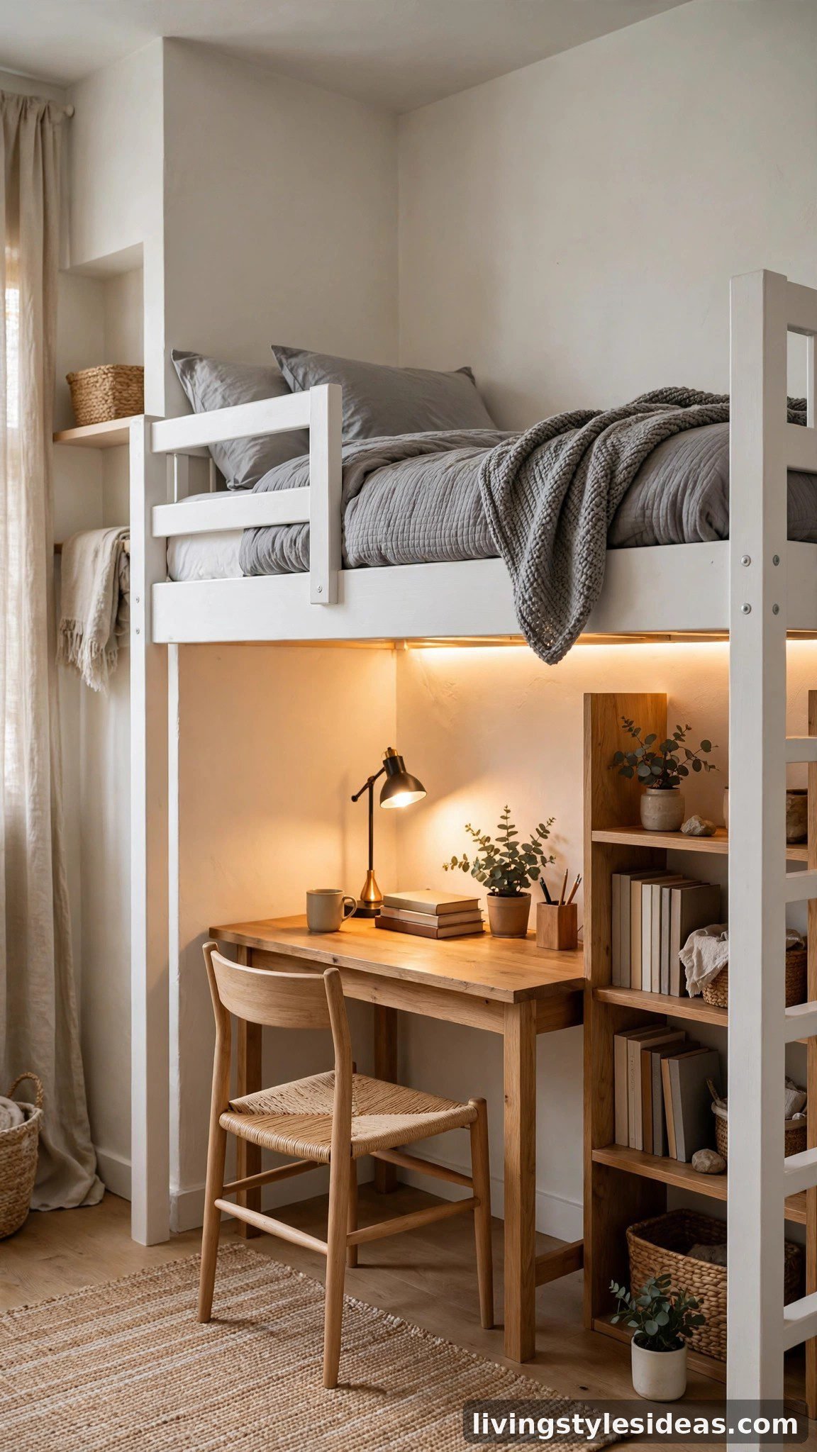 Loft bed with a desk and chair underneath in a small studio apartment