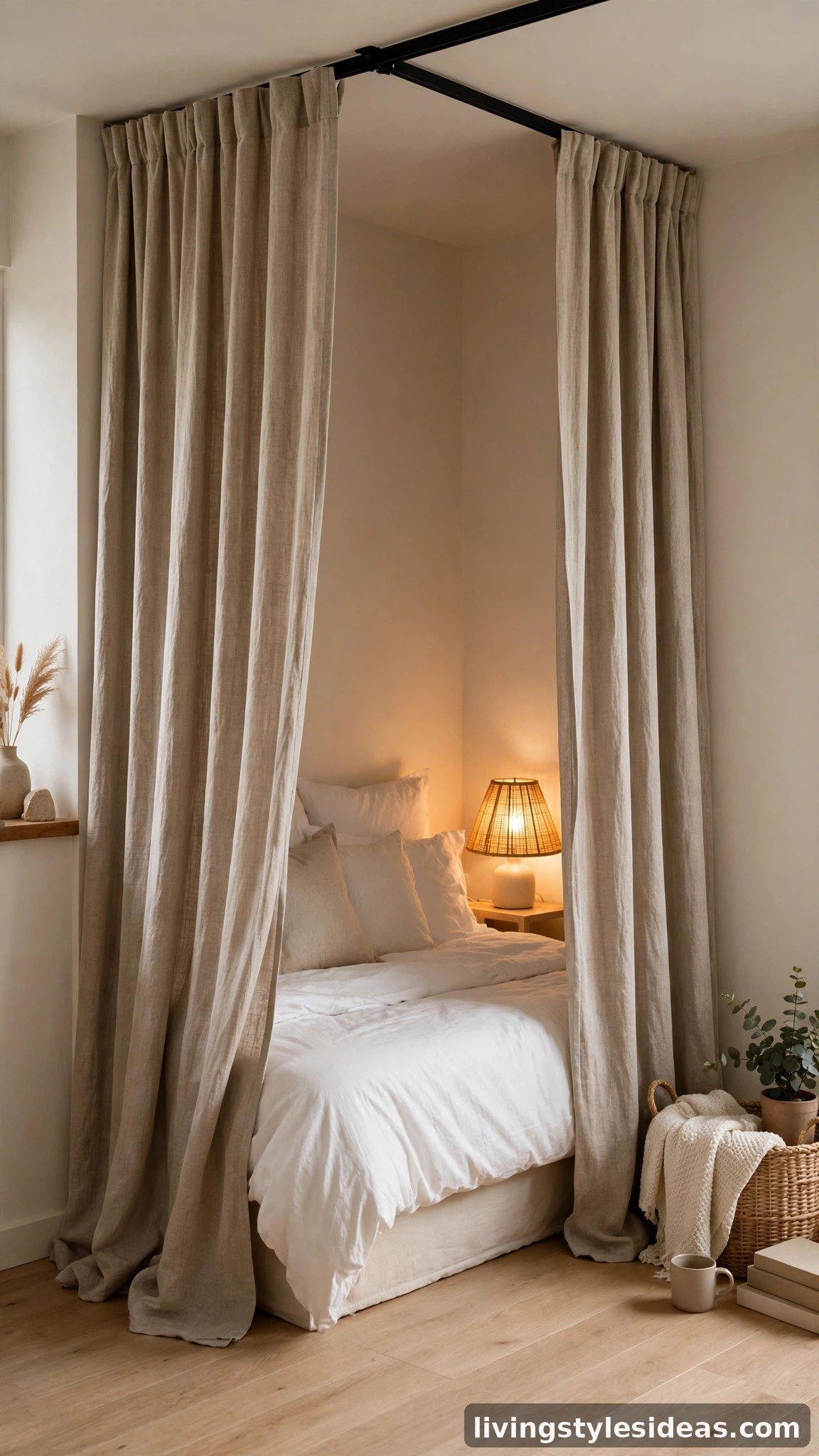 Bed nook framed by floor-to-ceiling linen curtains on a ceiling track in a studio