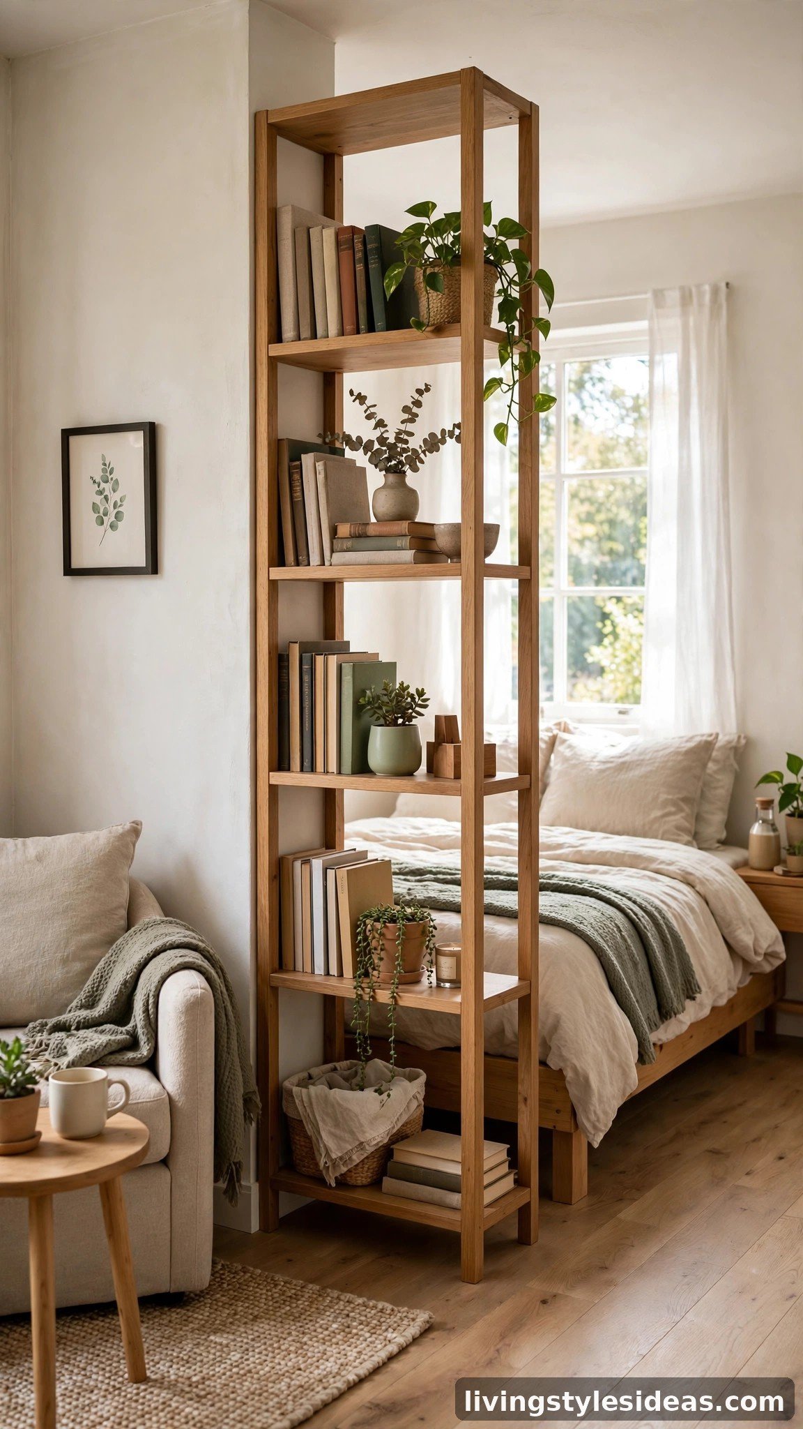 Open wooden bookshelf standing perpendicular dividing a studio apartment into two zones