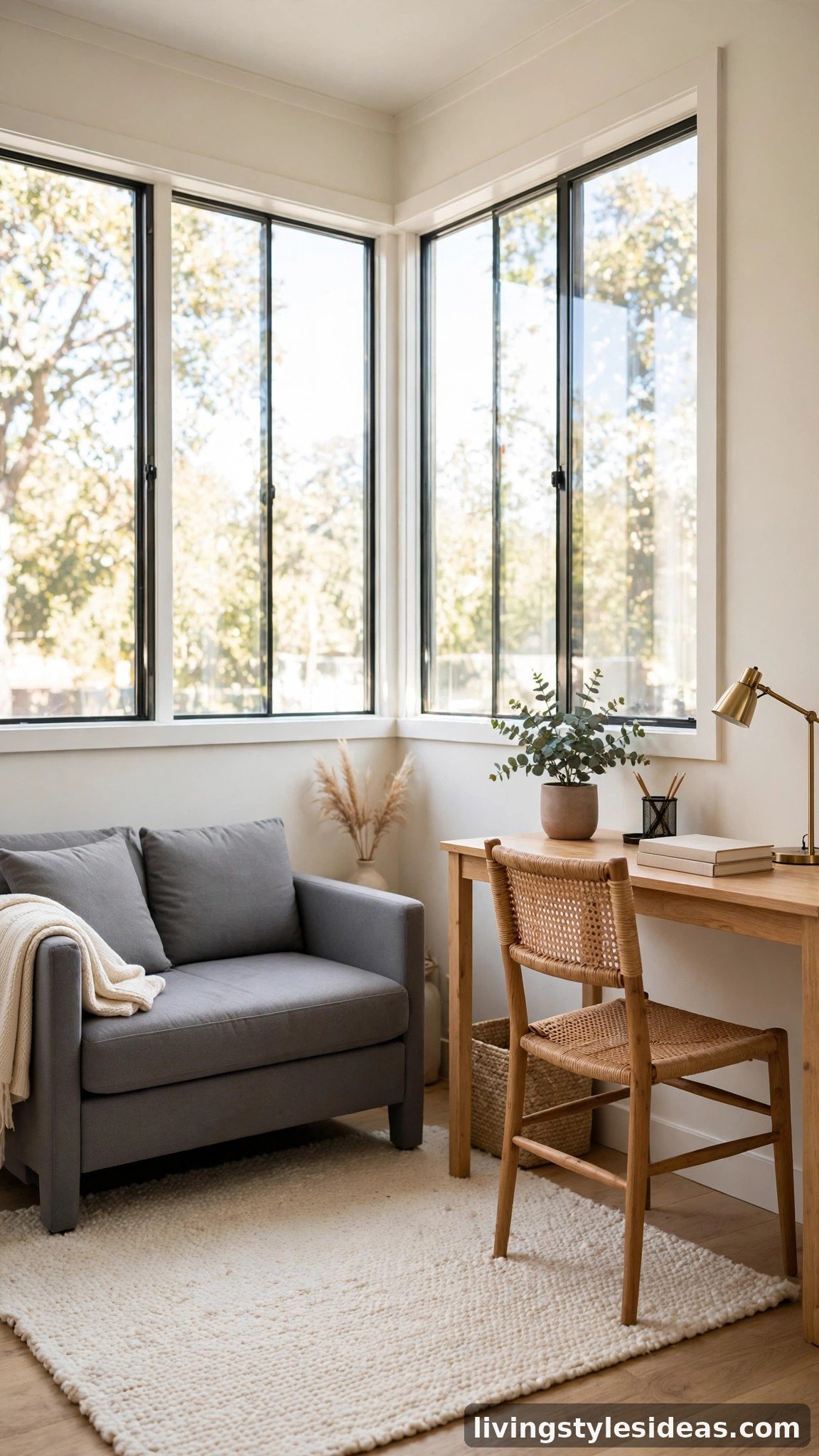 L-shaped furniture arrangement with loveseat and desk along two walls of a studio corner