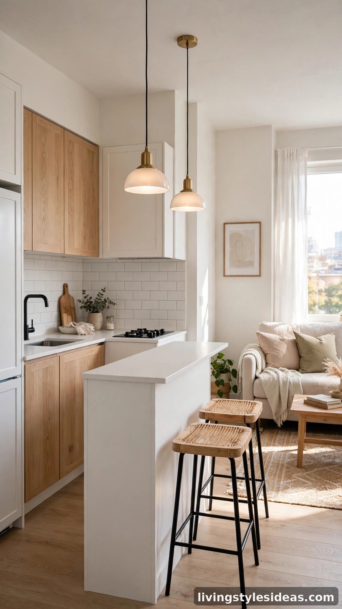 Slim kitchen island with bar stools separating the kitchen from the living area in a studio