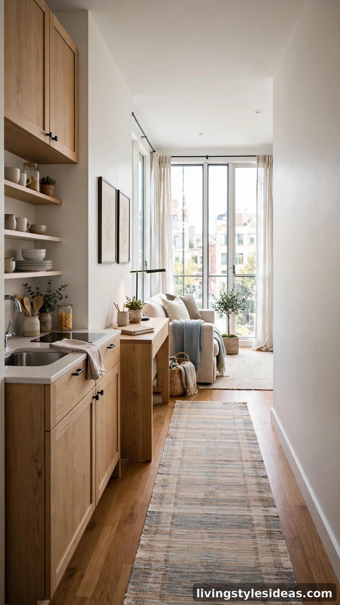 Galley-style studio layout with furniture arranged along one long wall