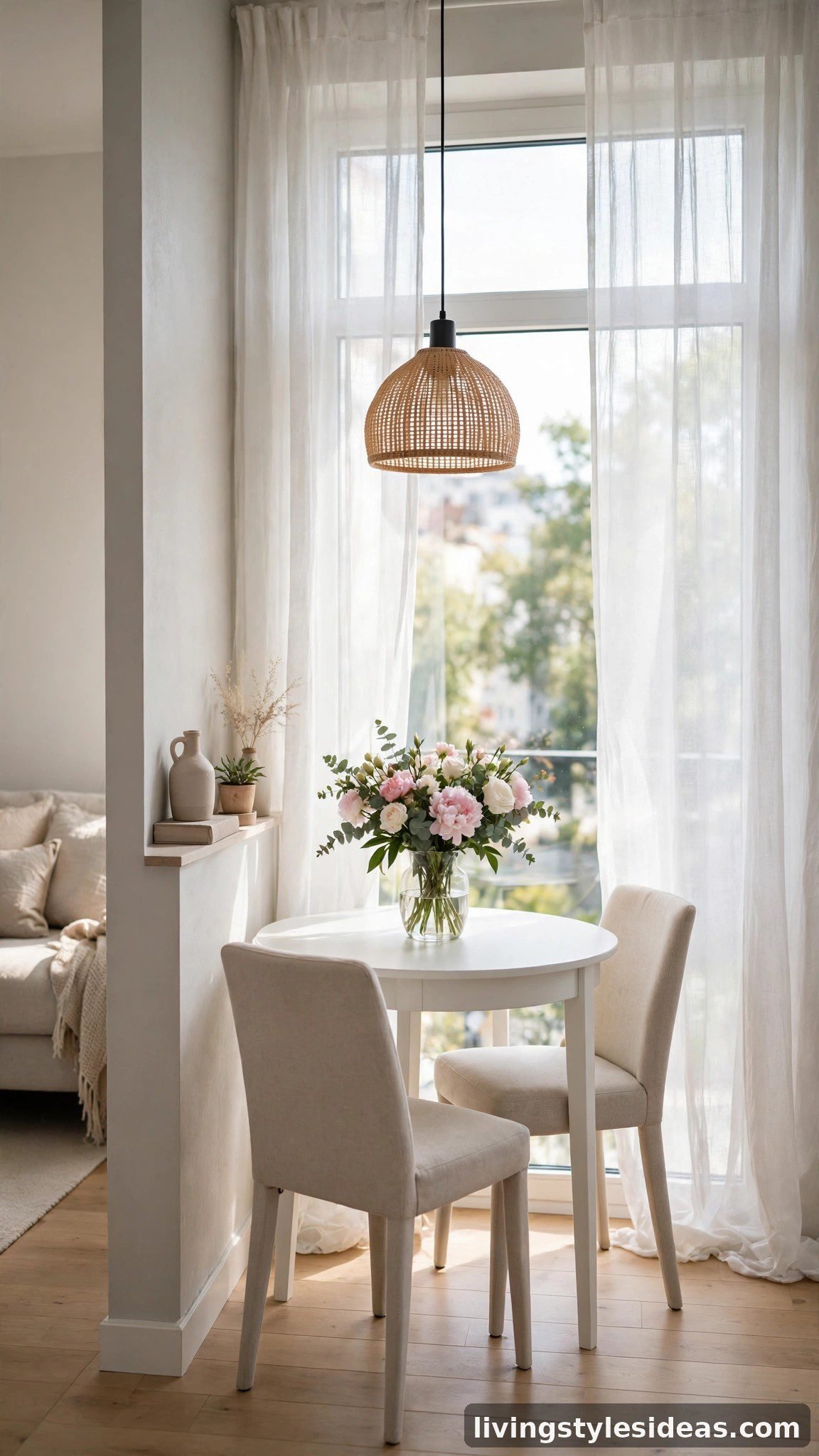 Small round dining table with two chairs tucked by a window in a studio apartment