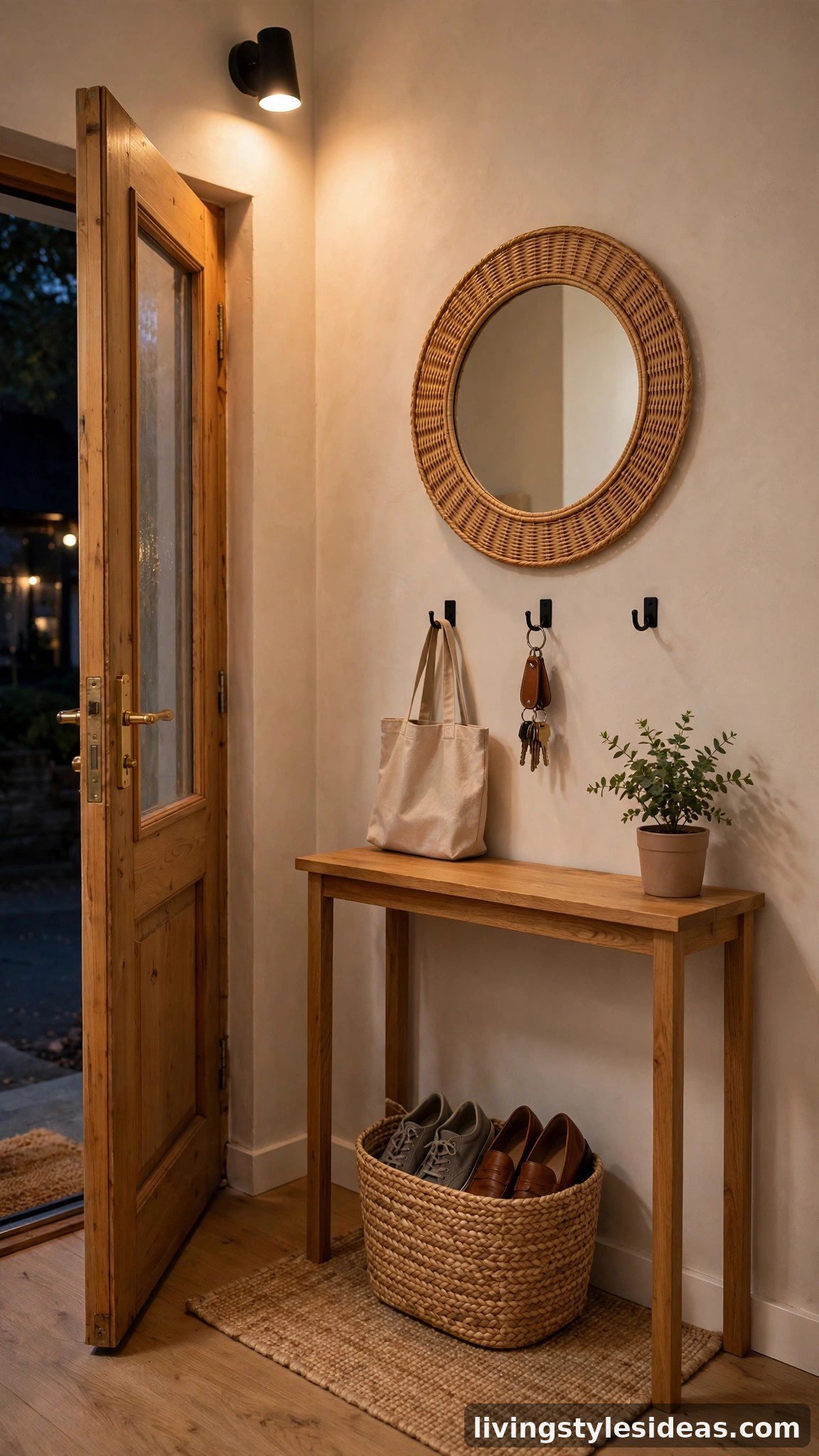 Entryway drop zone with console table, mirror and hooks by a studio apartment door