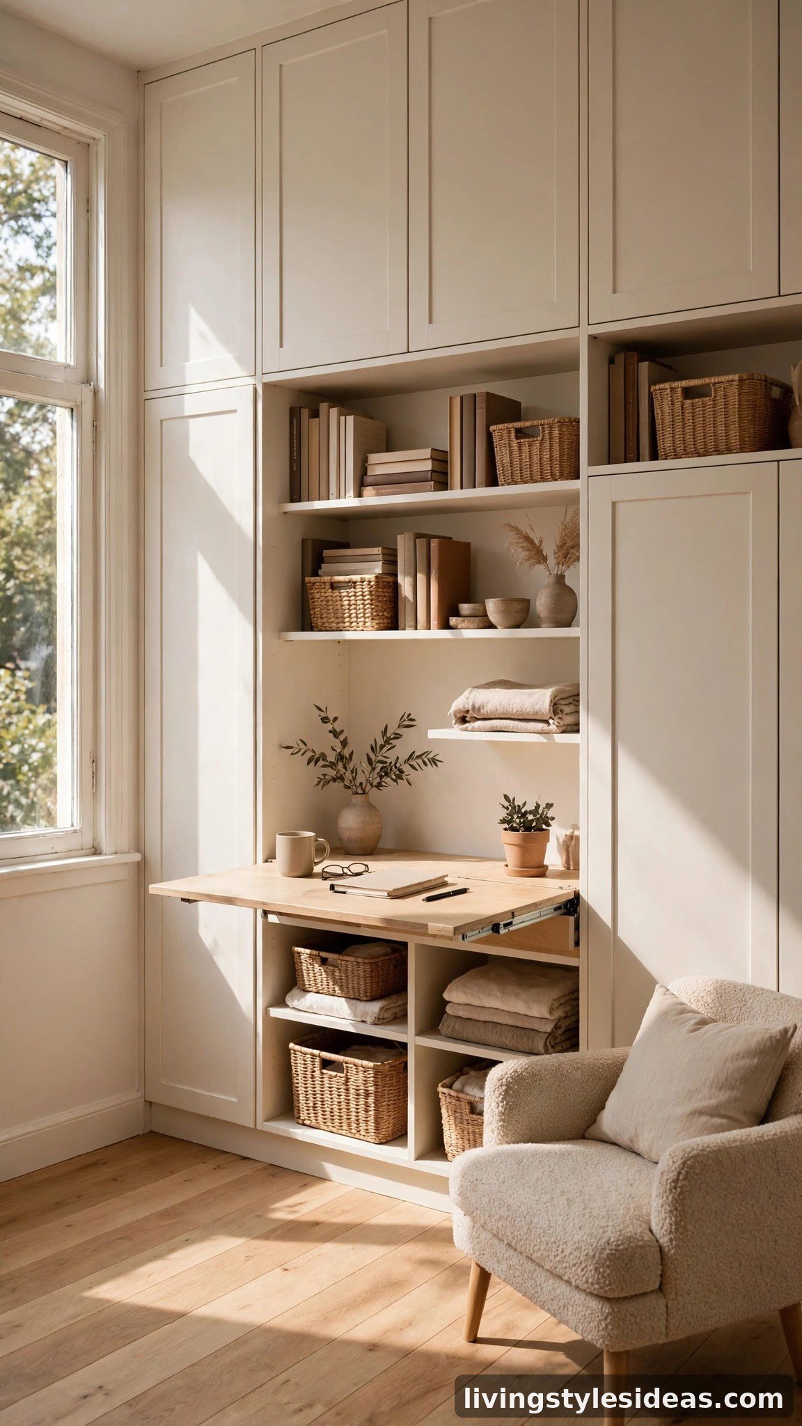 Floor-to-ceiling built-in storage wall with cabinets and shelves in a small studio