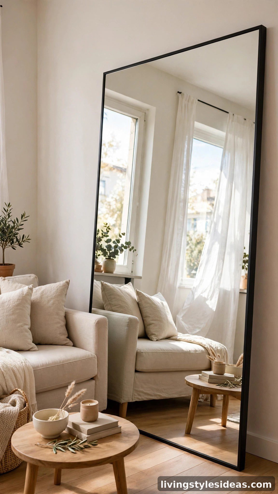 Large leaning floor mirror reflecting and visually doubling a small studio living area