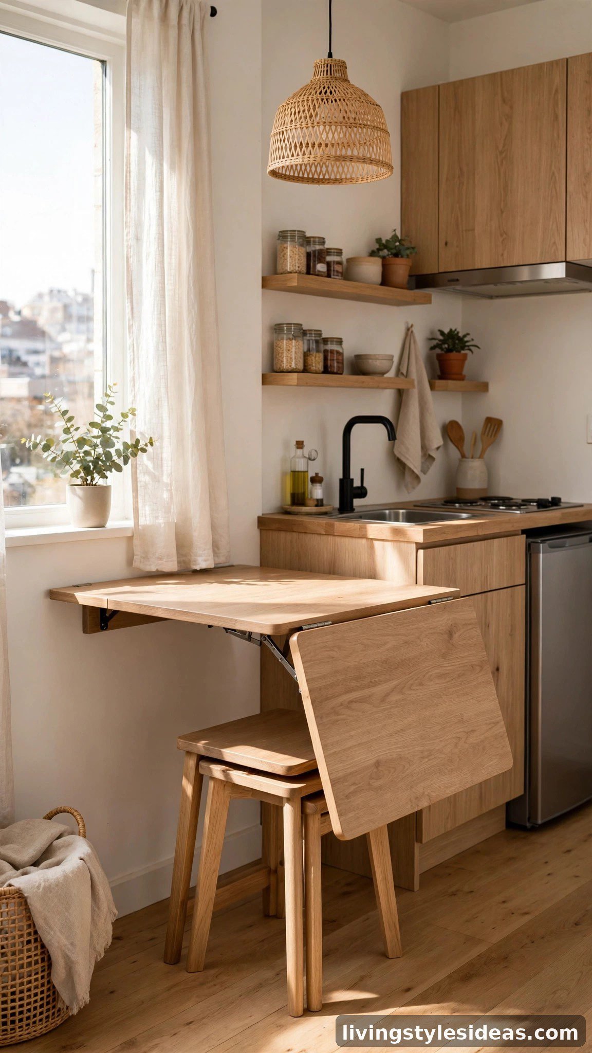 Wall-mounted drop-leaf table with nesting stools in a small studio apartment