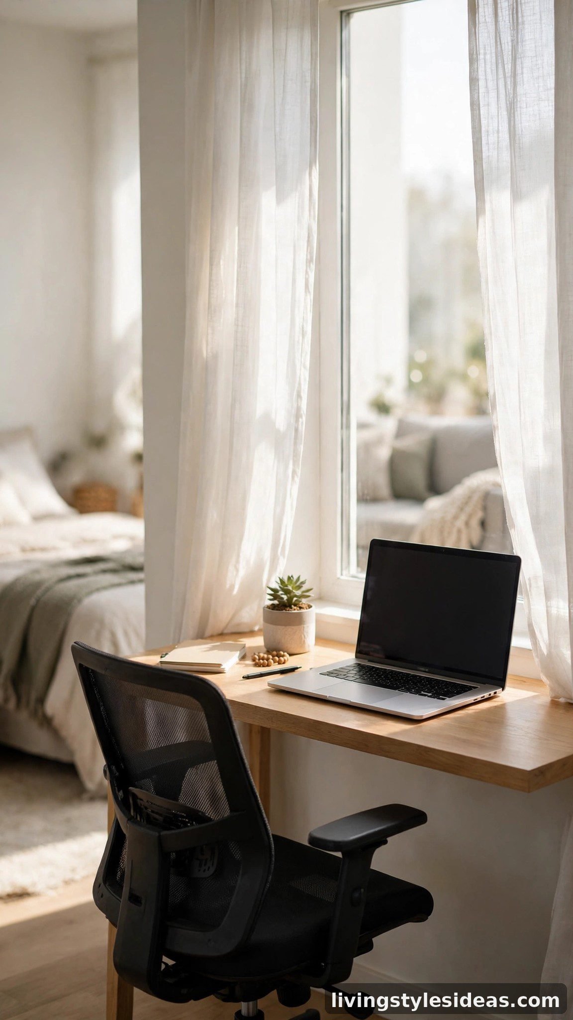 Studio apartment home office corner with a slim desk under a bright window and sheer curtains