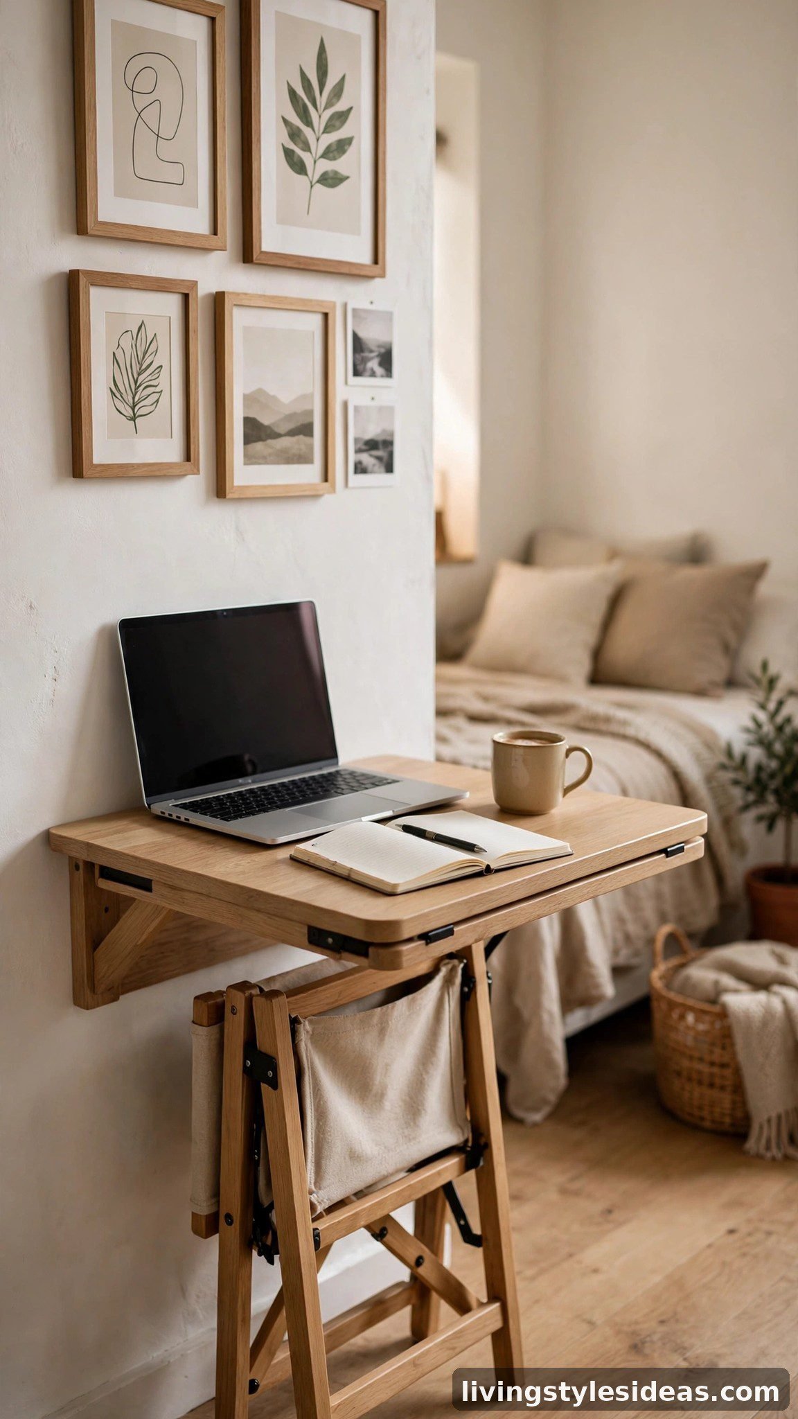 Wall-mounted fold-down desk in light oak opened for work in a small studio apartment