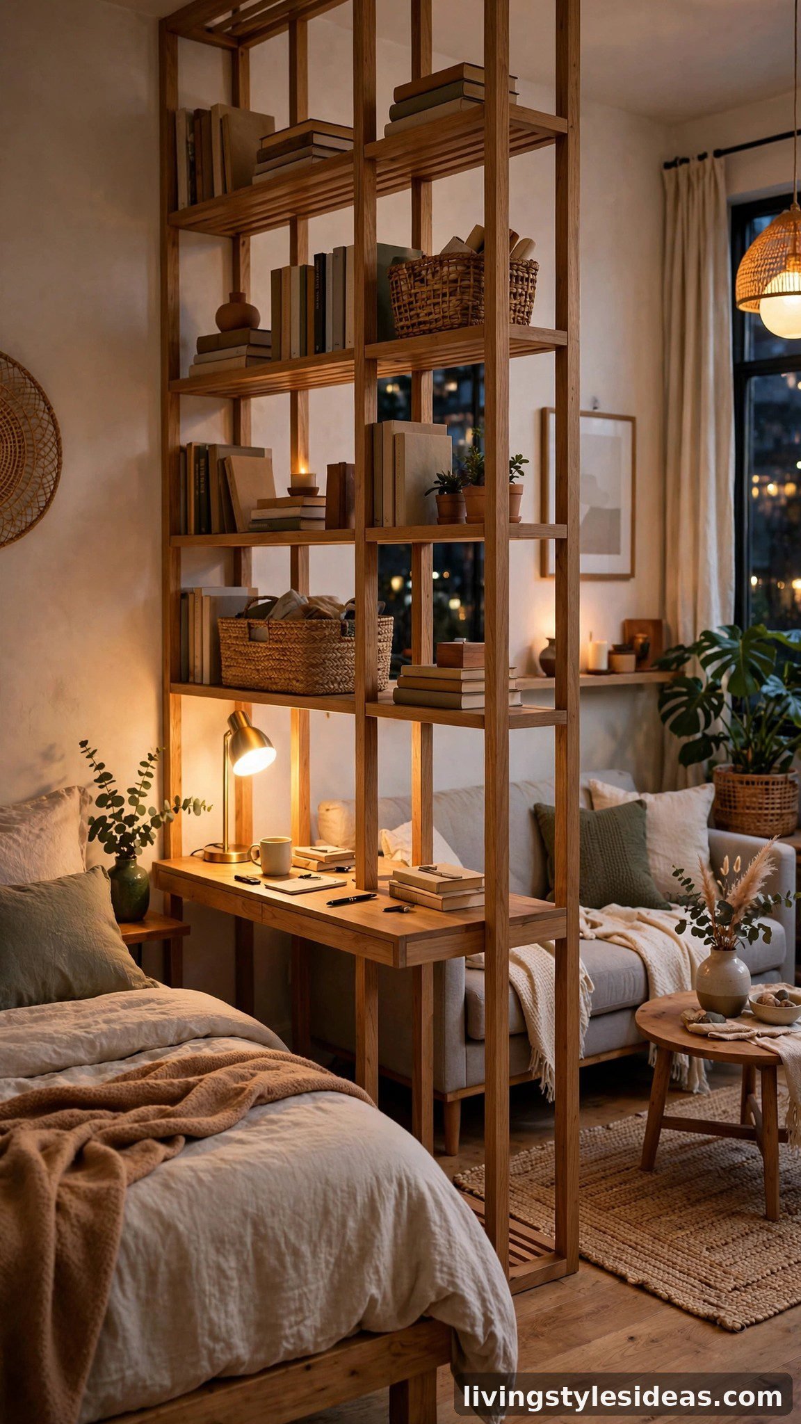 Open bookshelf room divider with a built-in desk on the bedroom side of a studio apartment