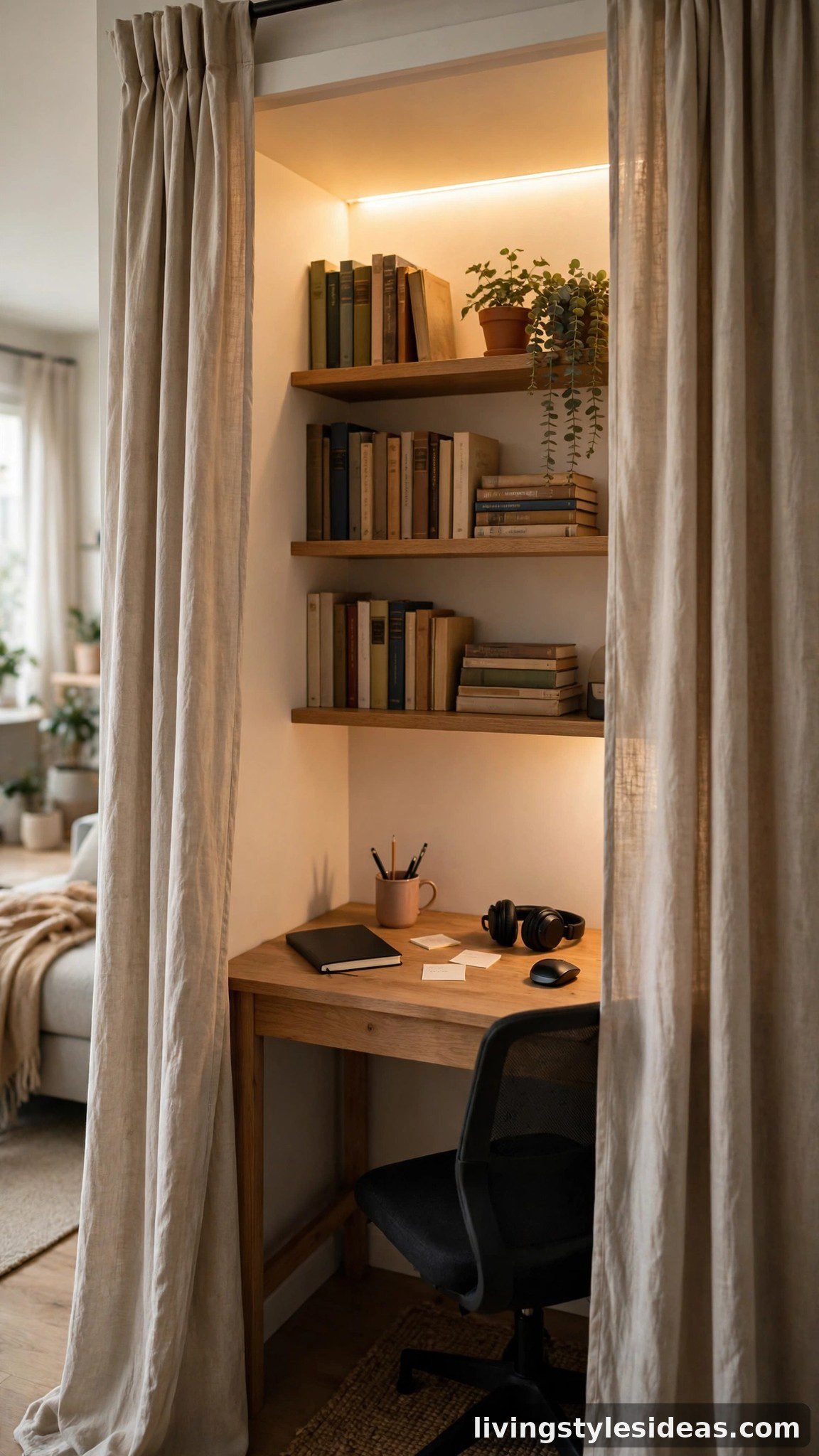 Closet converted into a cloffice nook with desk, shelves and LED lighting in a studio apartment