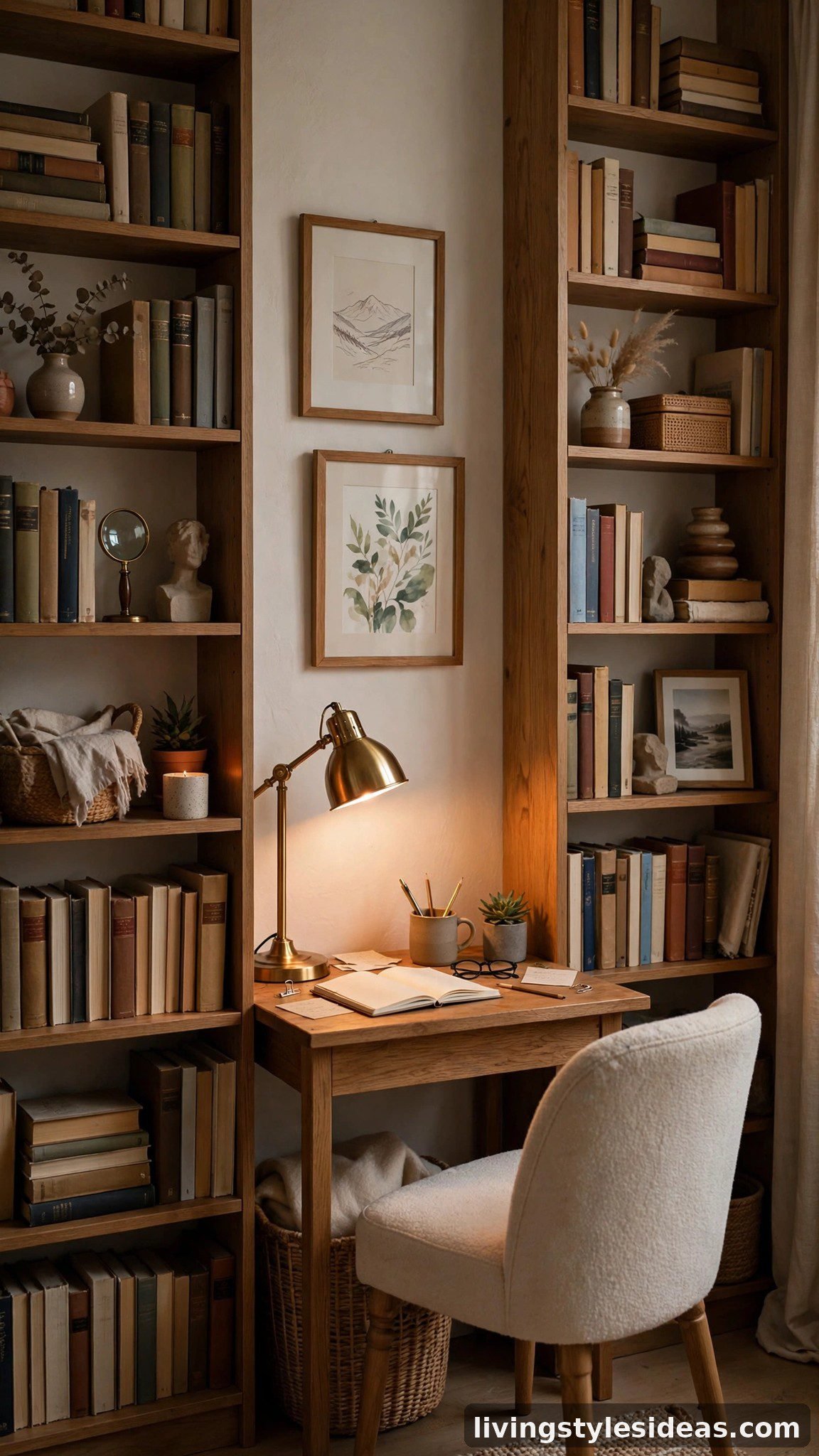 Compact desk tucked between two tall bookshelves forming an office nook in a studio apartment