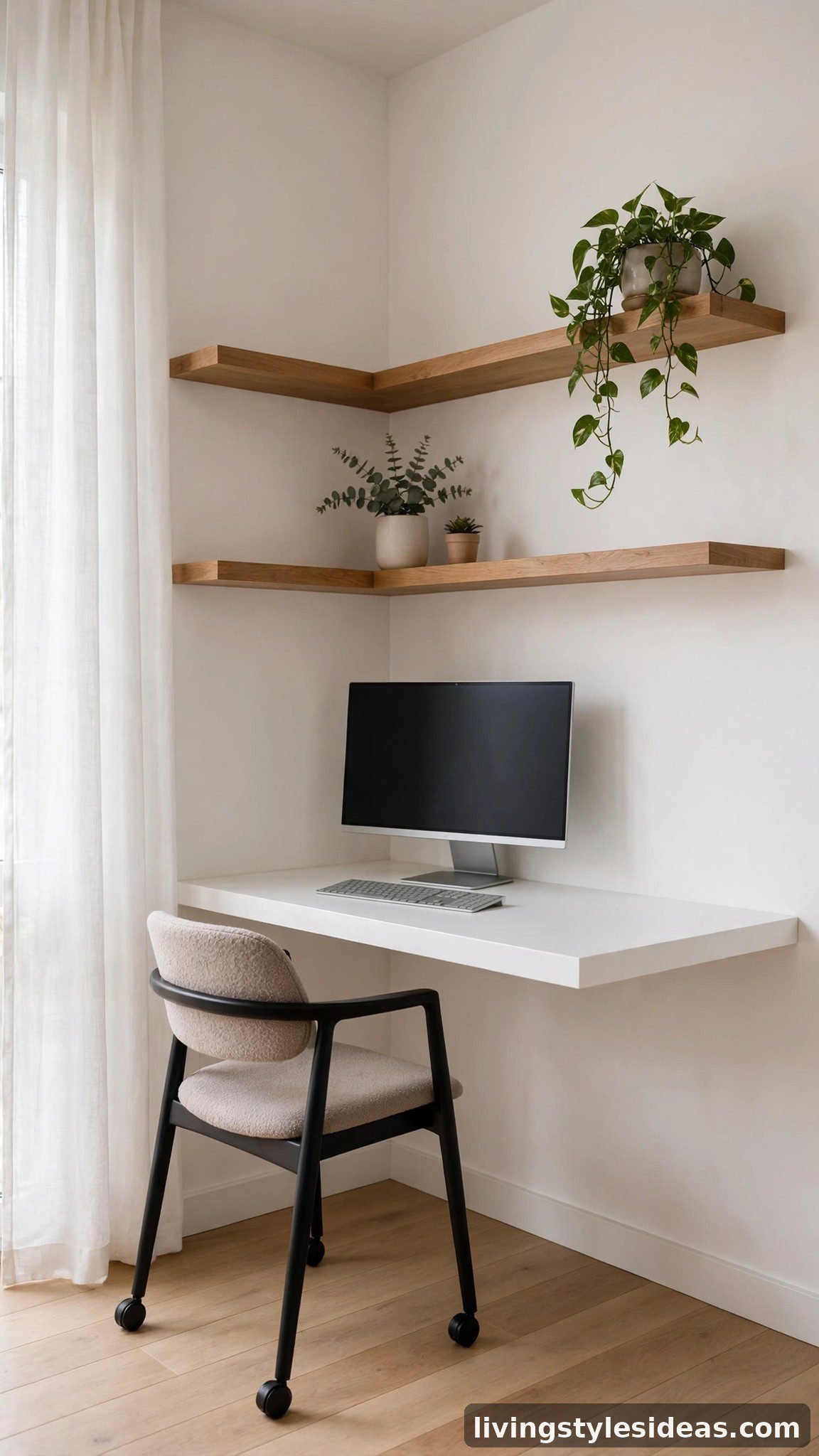 Floating wall-mounted corner desk with monitor and shelves in a bright studio apartment