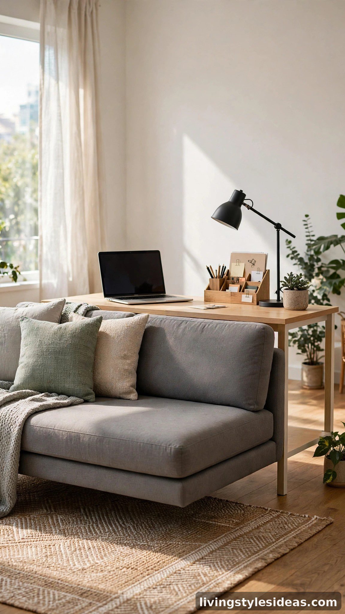 Slim console desk styled as a home office behind a floated sofa in a studio apartment
