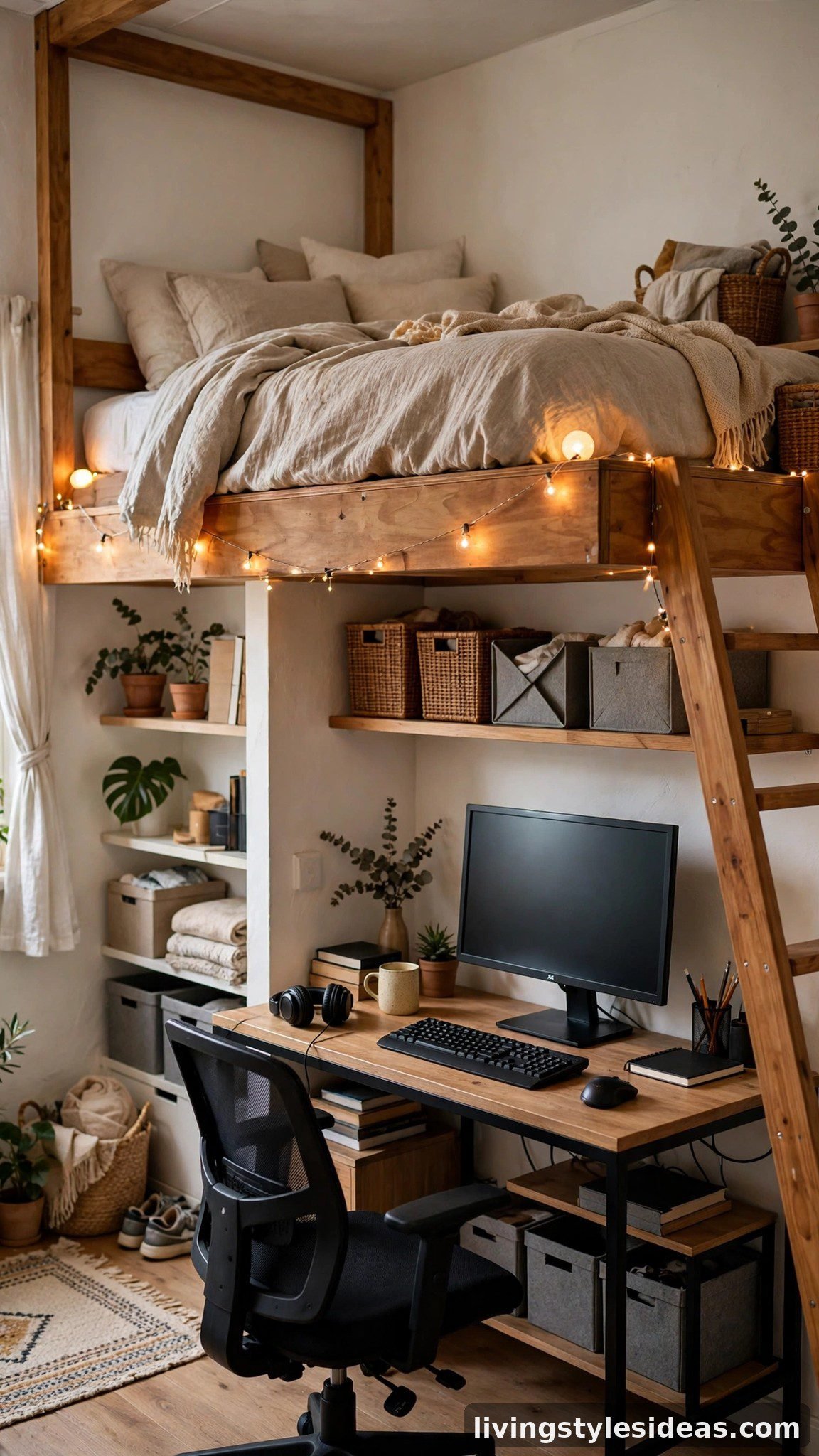 Full workstation with desk and chair set up underneath a loft bed in a studio apartment