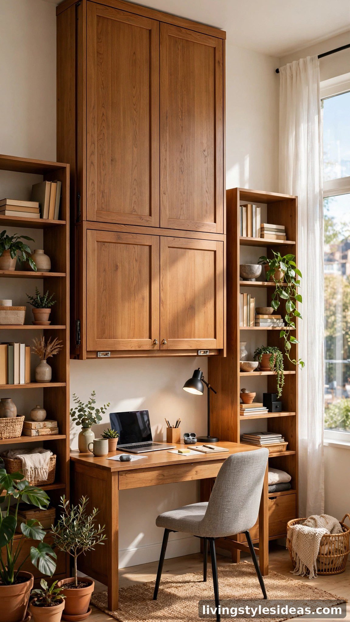 Murphy bed folded into a cabinet with a daytime home office setup in a studio apartment