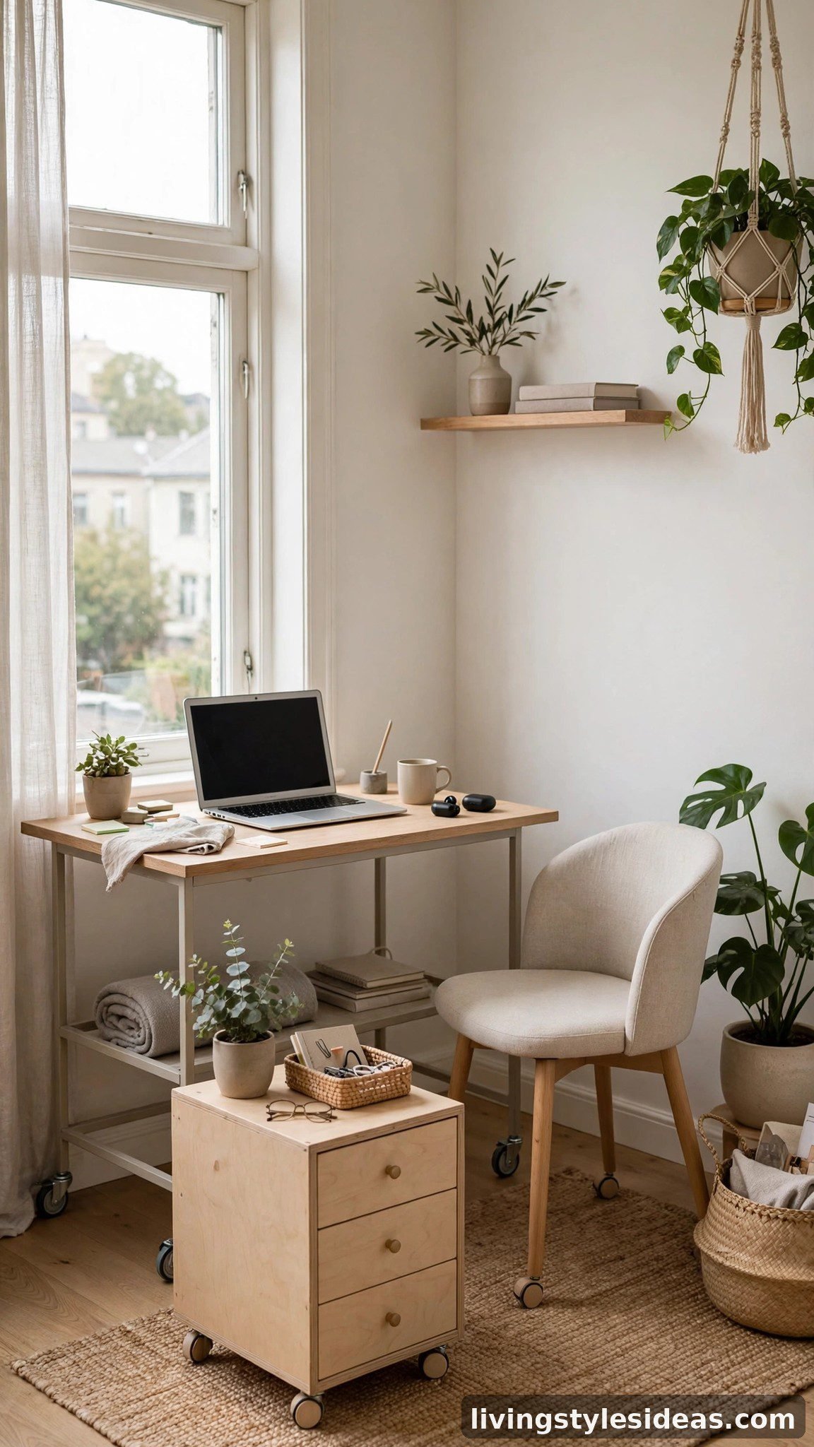 Rolling desk cart forming a mobile home office near a window in a studio apartment