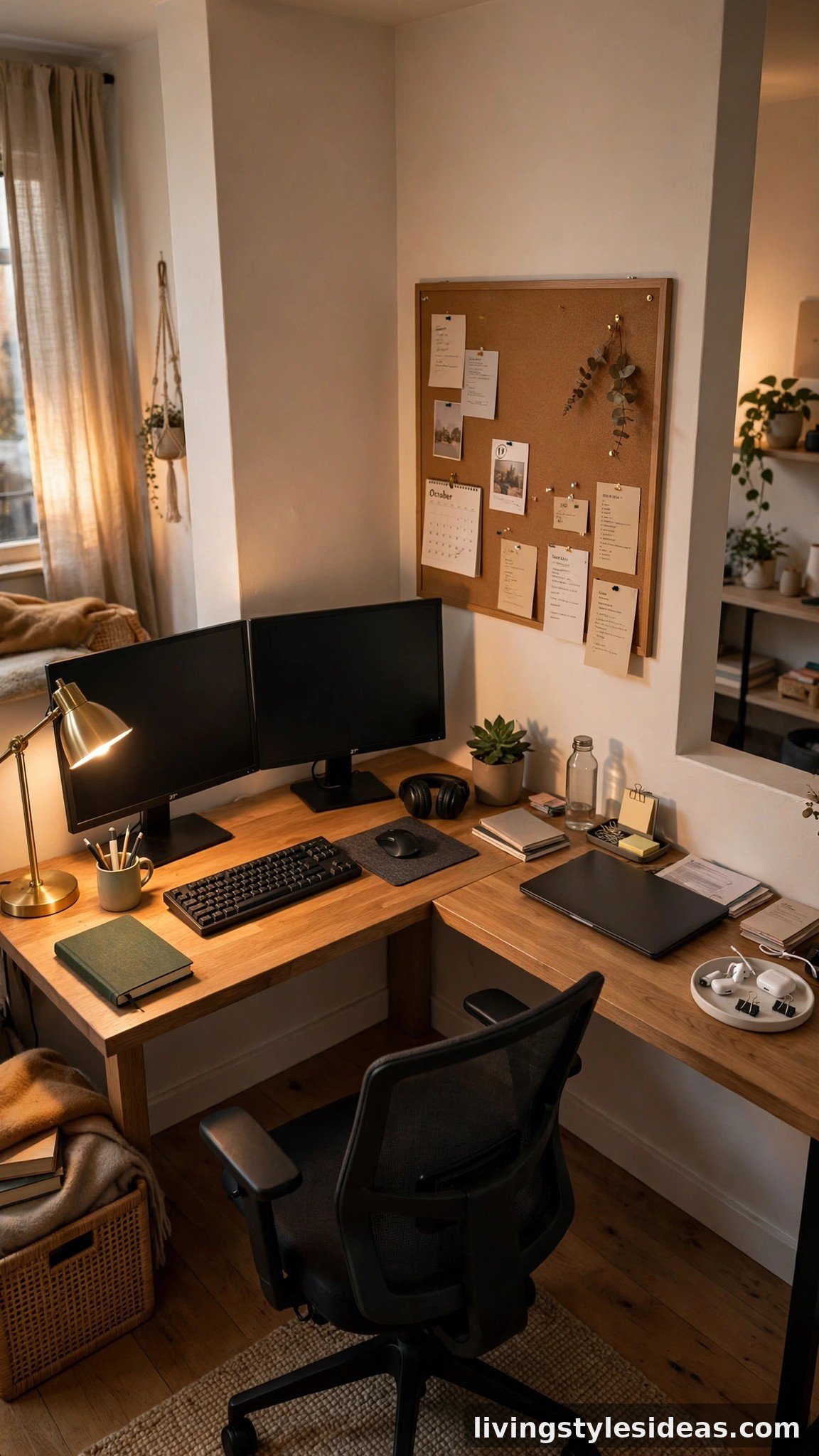 L-shaped corner workstation with dual monitors and pegboard in a studio apartment