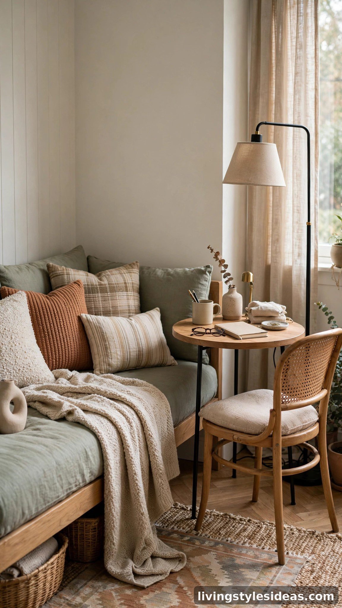 Daybed with cushions paired with a small round desk forming an office corner in a studio apartment