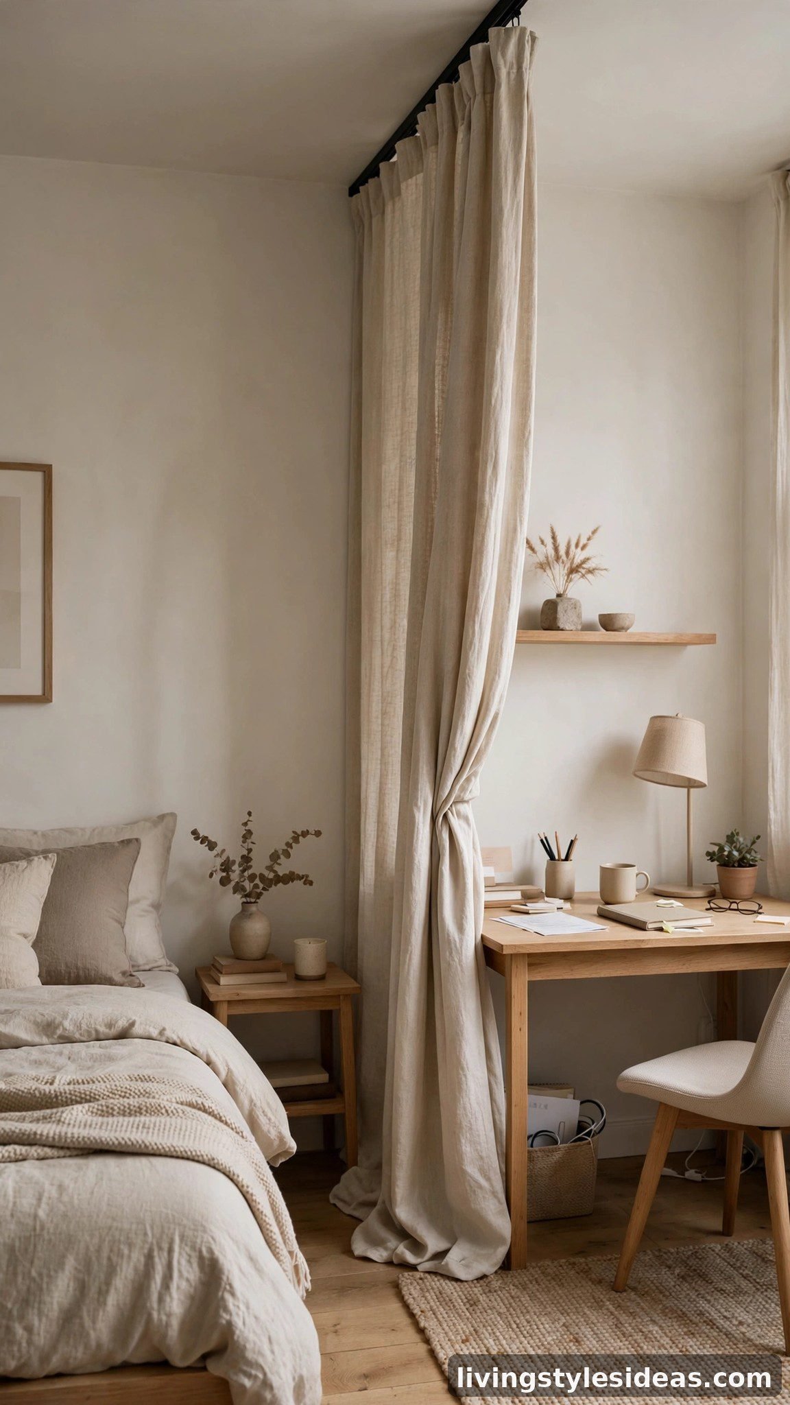 Linen curtain on a ceiling track separating a desk office zone in a studio apartment