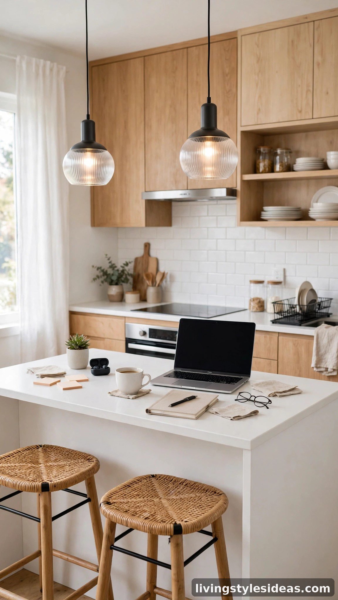 Kitchen island counter doubling as a home office workspace with bar stools in a studio apartment