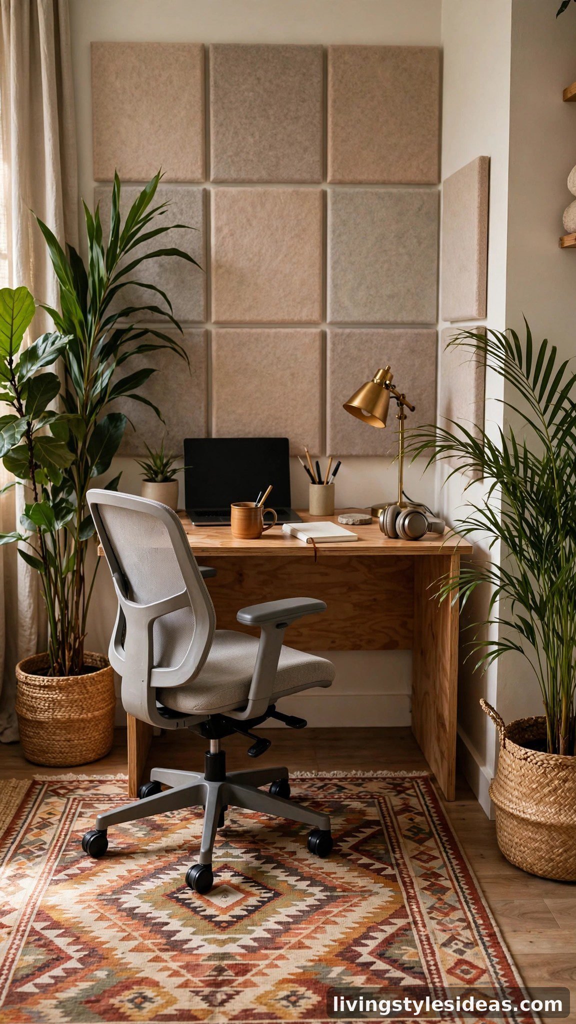 Office corner defined by a patterned rug, plants and acoustic wall panels in a studio apartment