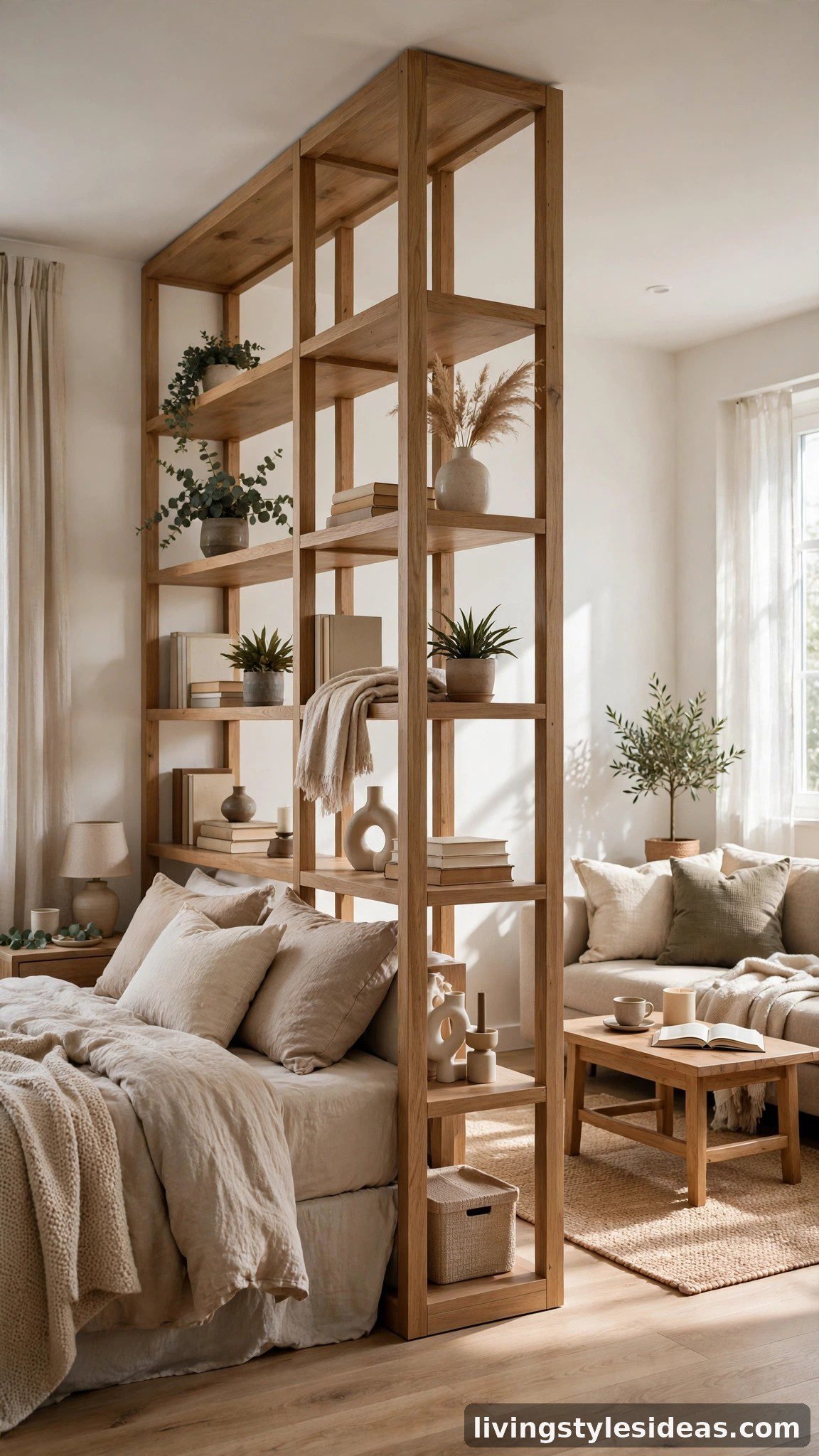 Open shelving unit dividing a studio apartment into sleeping and living zones