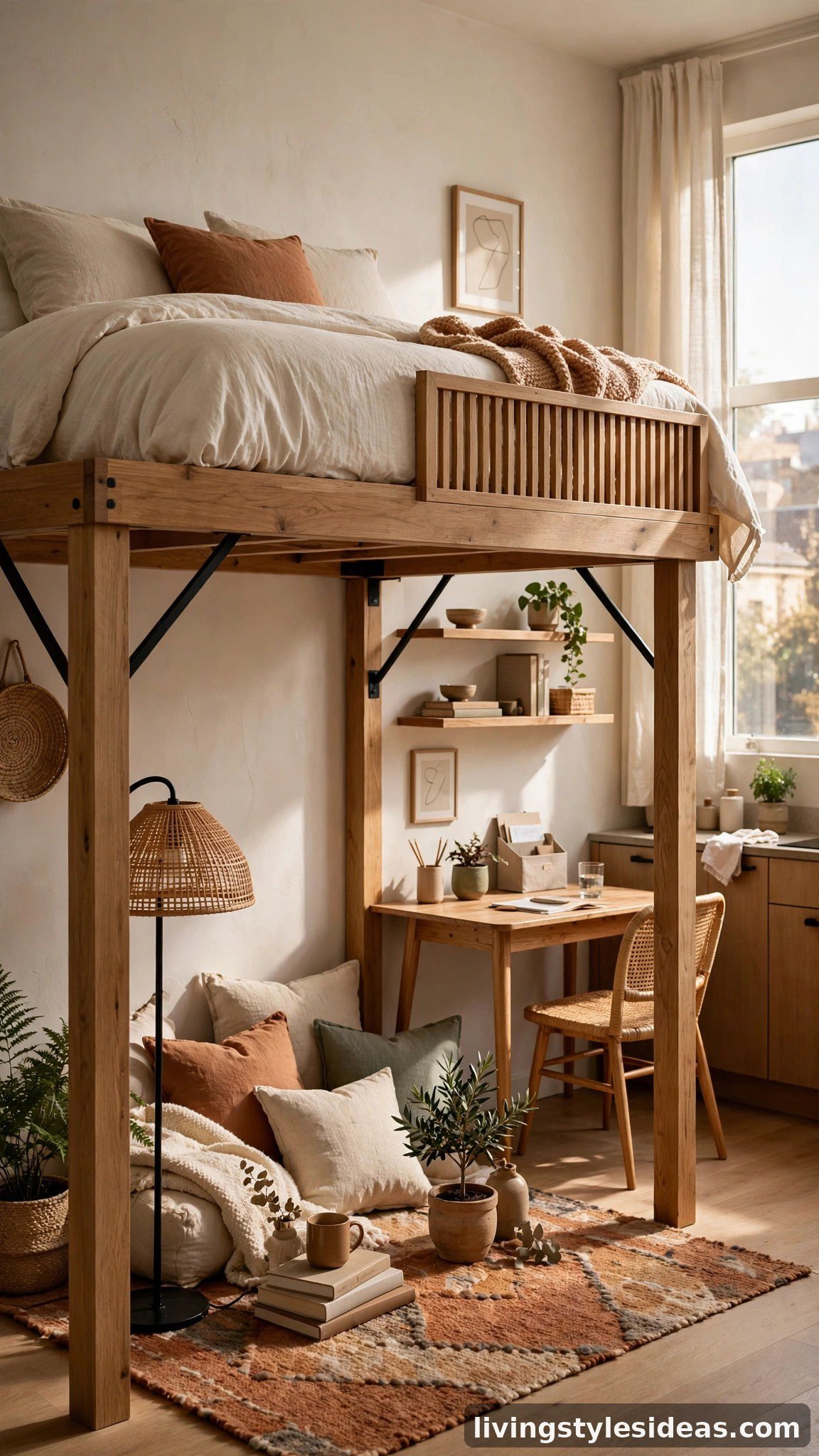 Lofted bed with desk and reading nook underneath in a bright studio