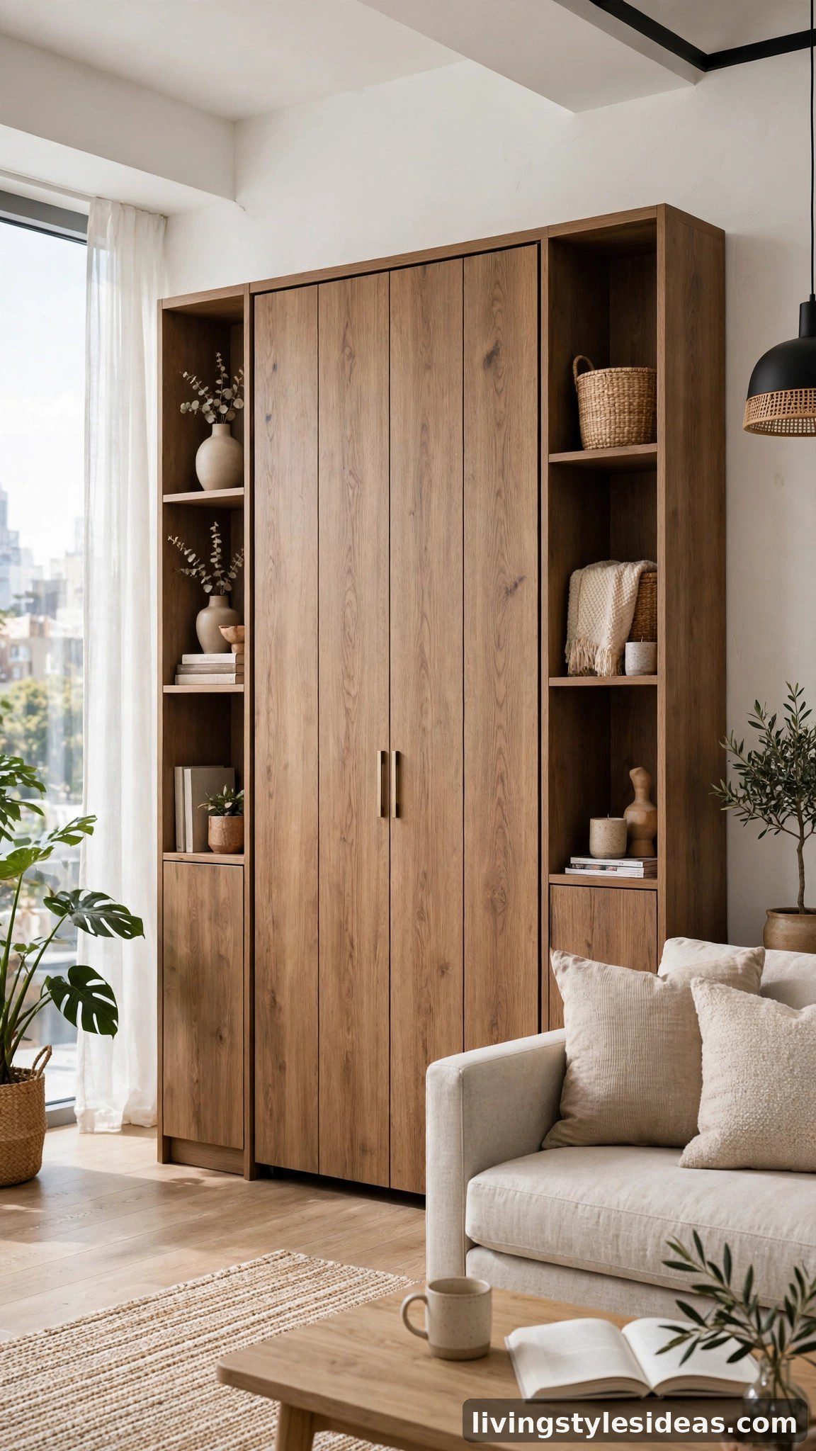 Modern murphy bed cabinet folded up against a studio wall