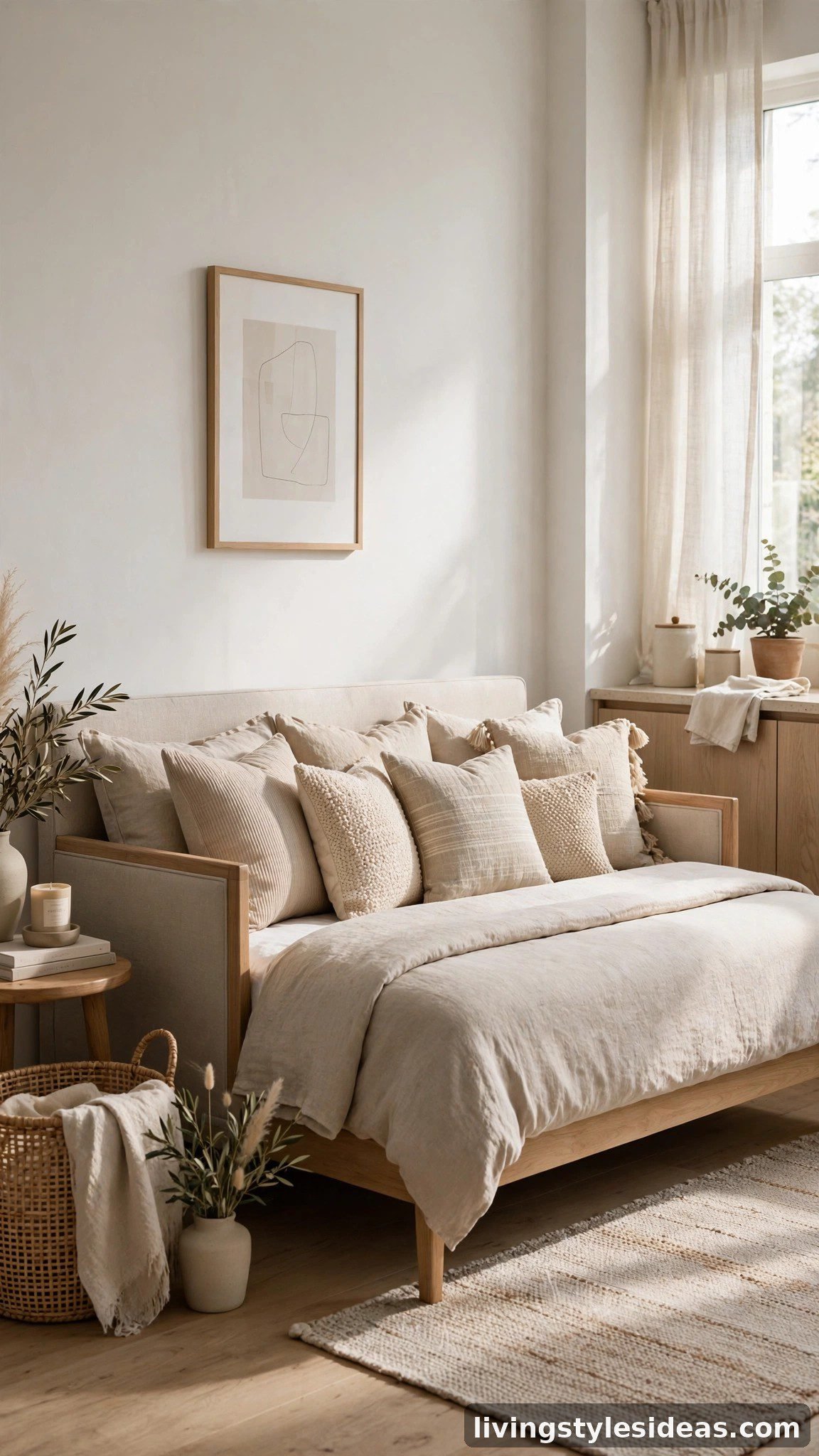 Stylish daybed with neutral bedding and throw pillows in a studio