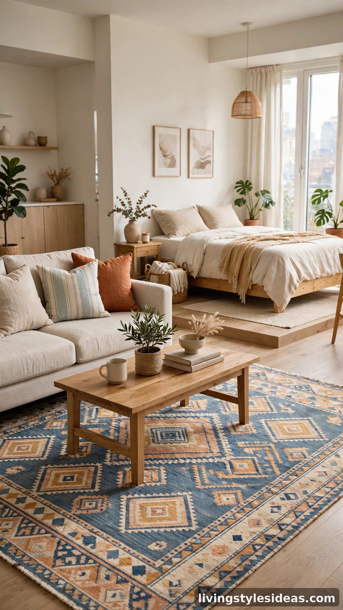 Area rug zoning the living area of a studio apartment